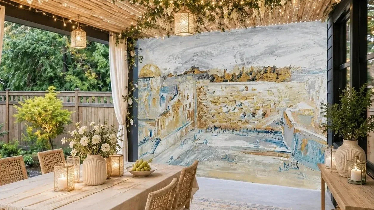 Decorated Sukkah with vinyl Kosel mural