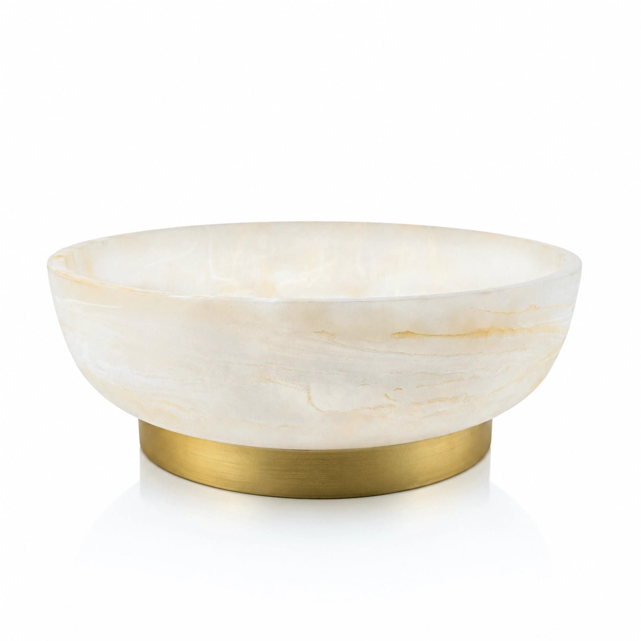 A round gold resin centerpiece bowl with a brushed gold metal base, shown on a clean white background.