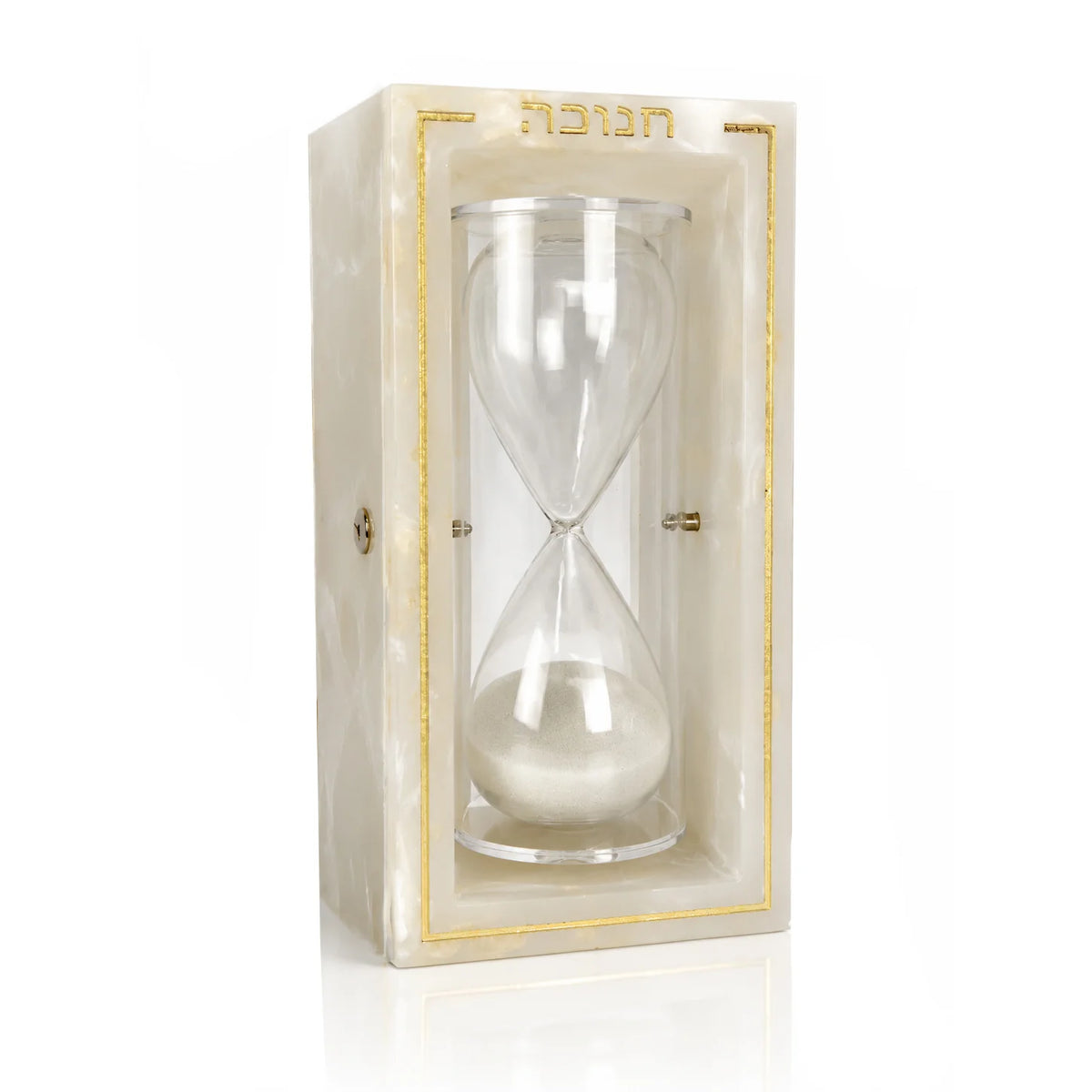 Gold resin Chanukah sand timer by Waterdale Collection, a glass hourglass framed with gold Hebrew lettering for Hanukkah