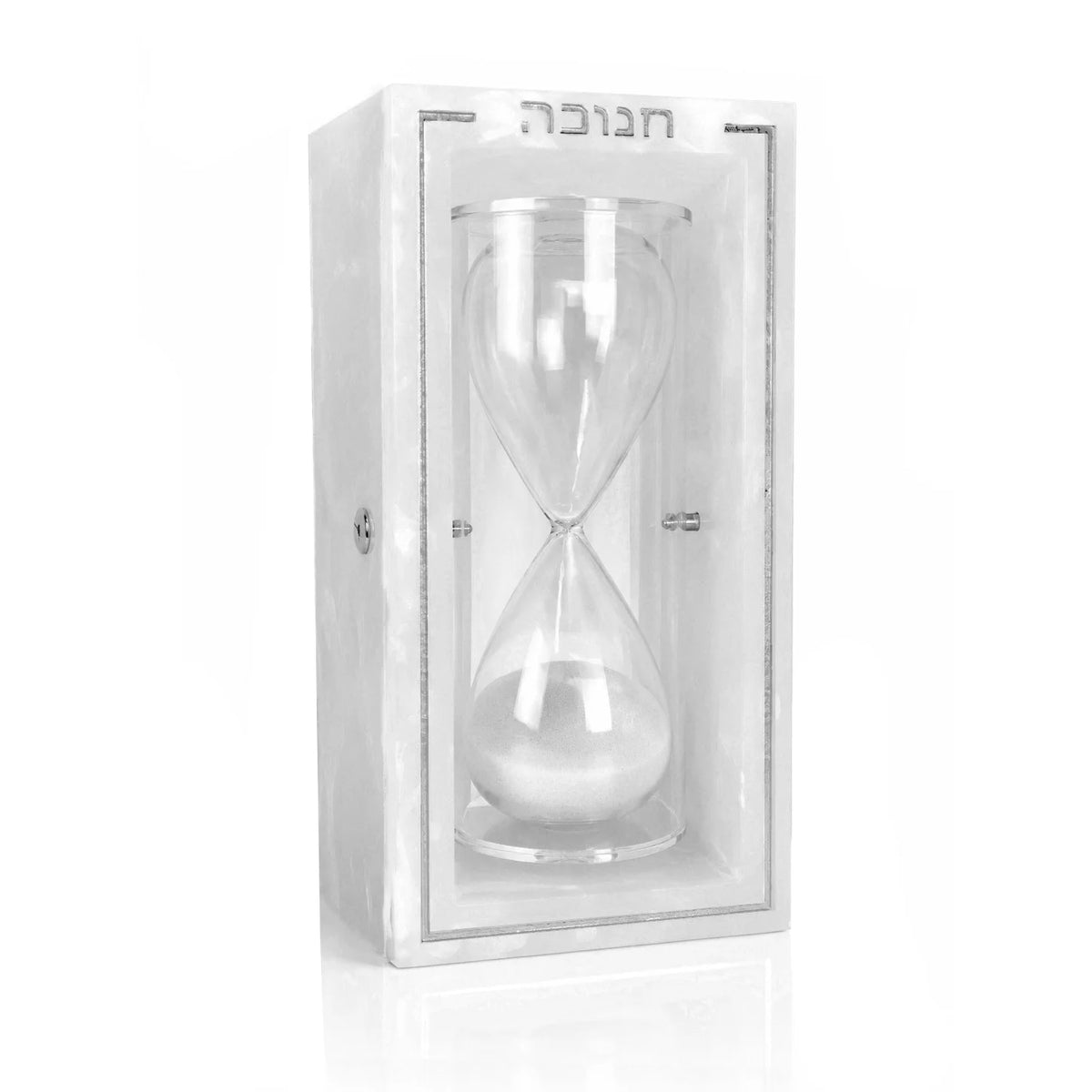 Silver resin Chanukah sand timer, a 30-minute glass hourglass in a resin frame lettered חנוכה for Hanukkah decor