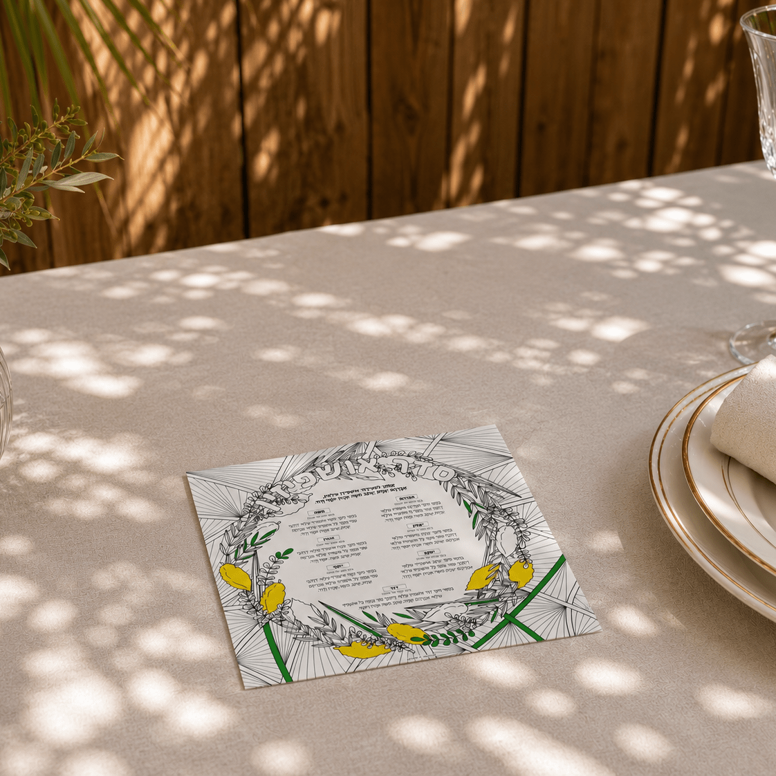 A 7x7-inch Hebrew Color It Acrylic Ushpizin card lies flat on a beautifully set sukkah table.