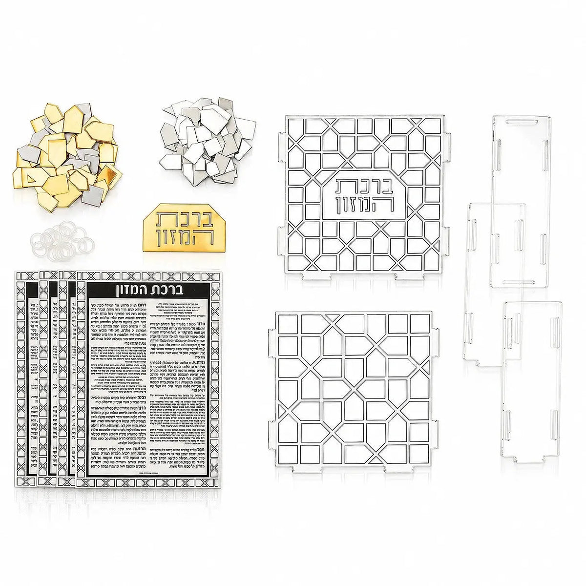Flat lay of the mosaic bencher set kit - lattice panels, clear side pieces, gold and silver mosaic pieces, gold title plaque and 4 bencher cards