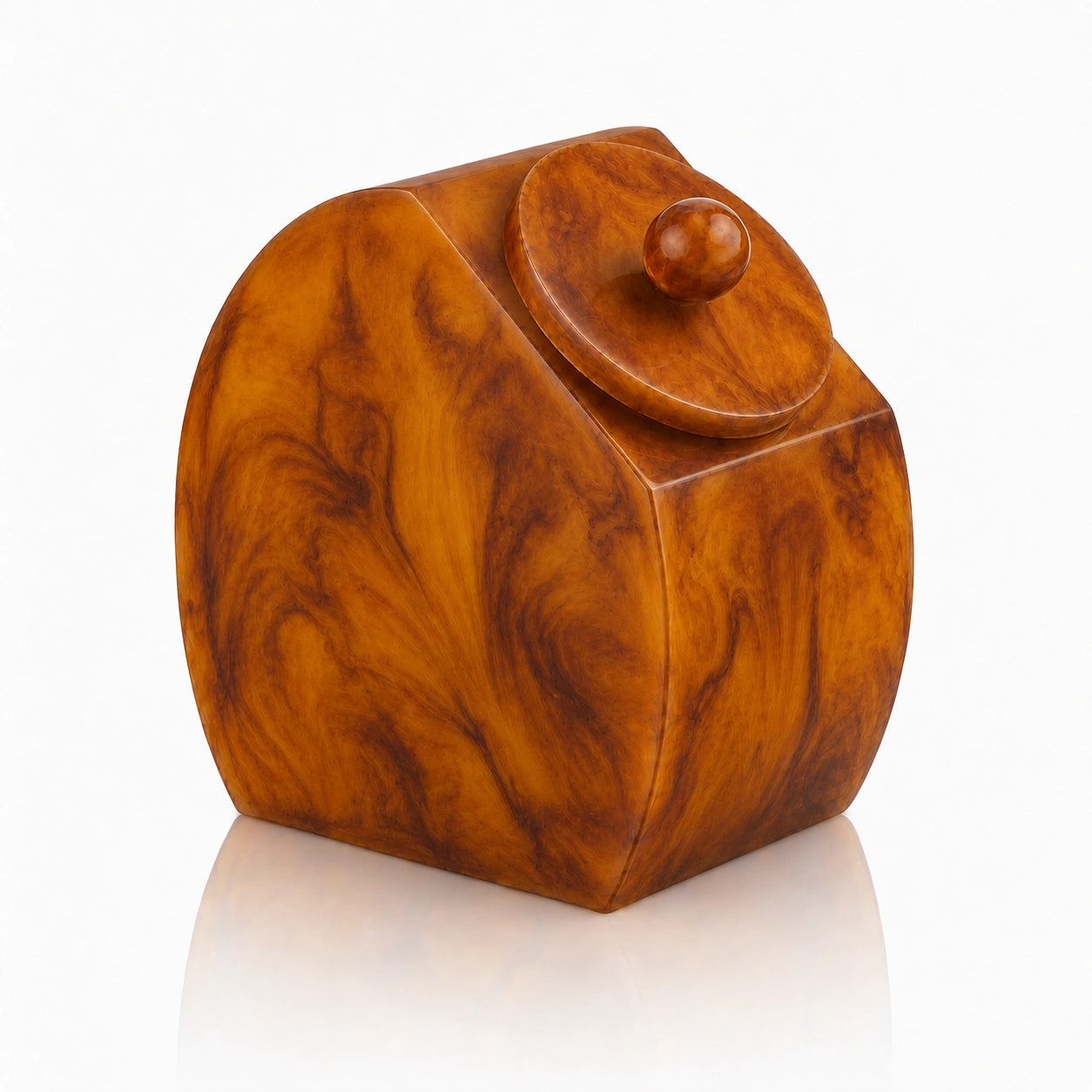 Gorgeous amber resin cake dome with finial lid from Waterdale Collection, ideal for serving and storage.