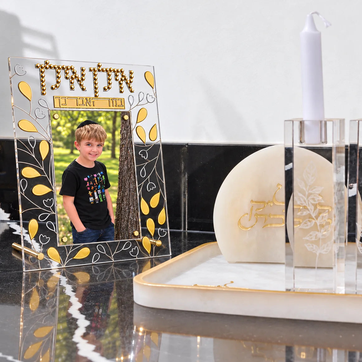 The Color It Acrylic Mosaic Ilan Ilan Picture Frame from the Waterdale Collection is a DIY Judaica craft that becomes a freestanding Lucite photo frame.