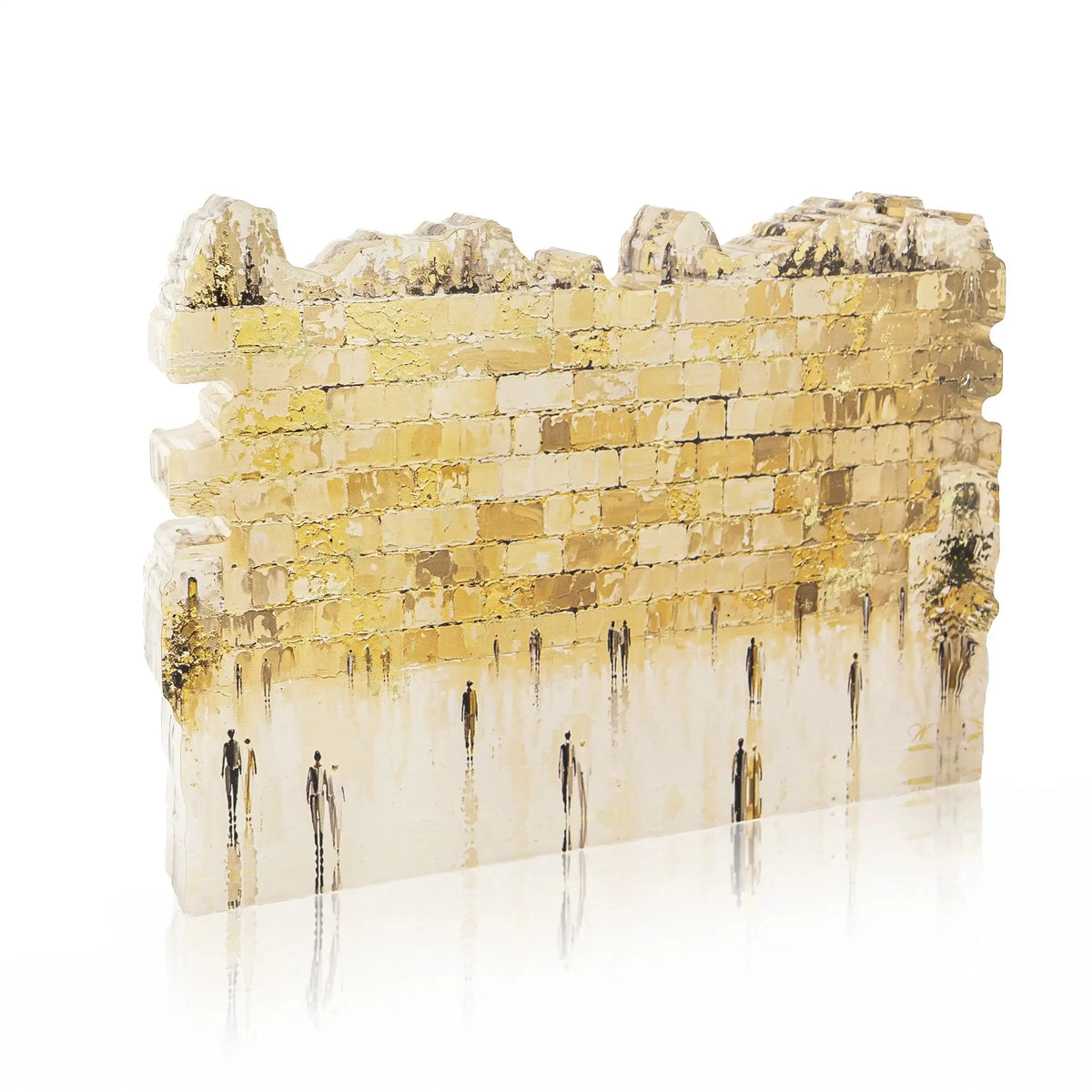 Painted Batya Kosel sculpture from Waterdale Collection, gold and cream Western Wall (כותל) with small figures at the plaza below