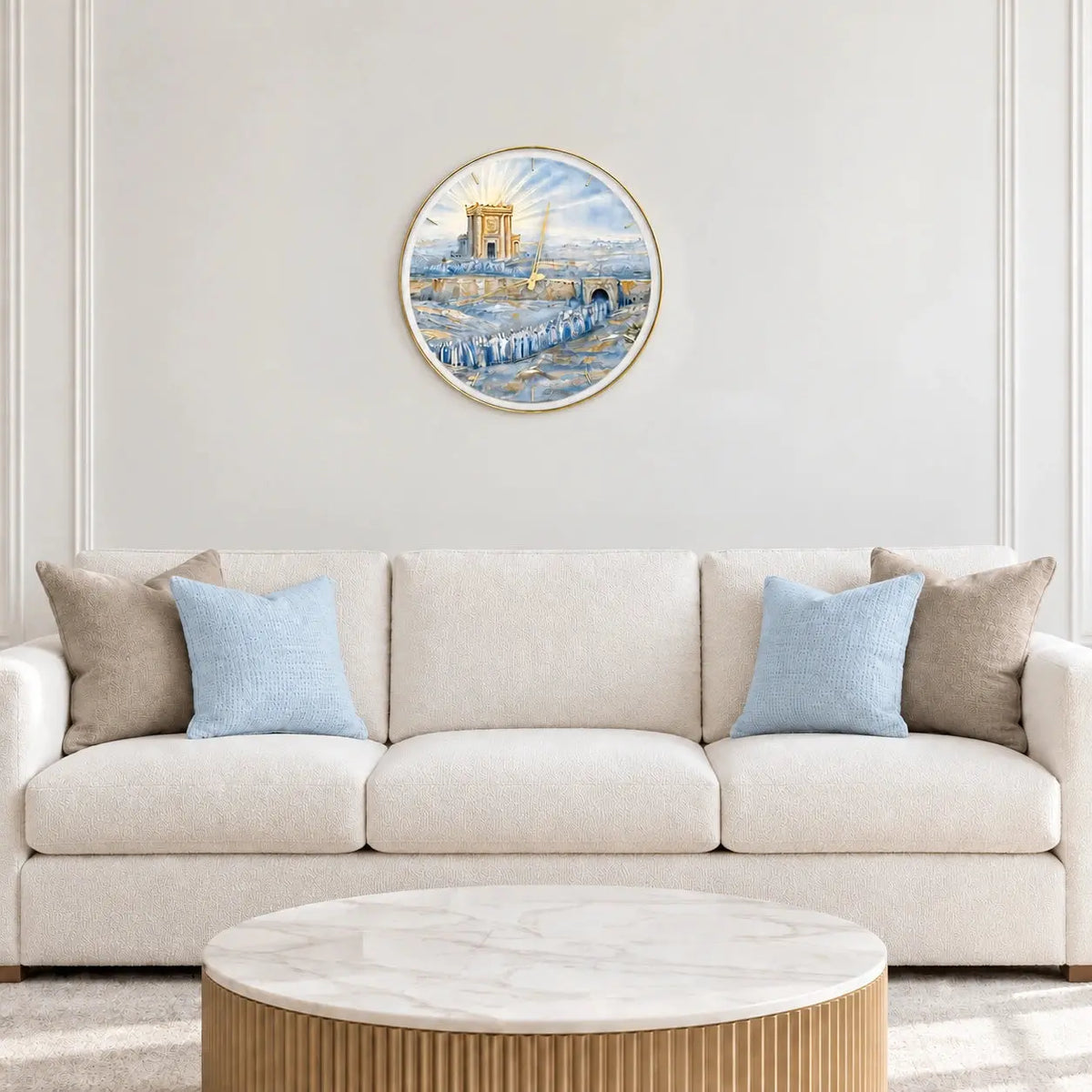 Painted Batya Bais Hamikdash Wall Clock | Bais Hamikdash in soft blues and gold, painted by Batya and printed on a 20" round Lucite wall clock.