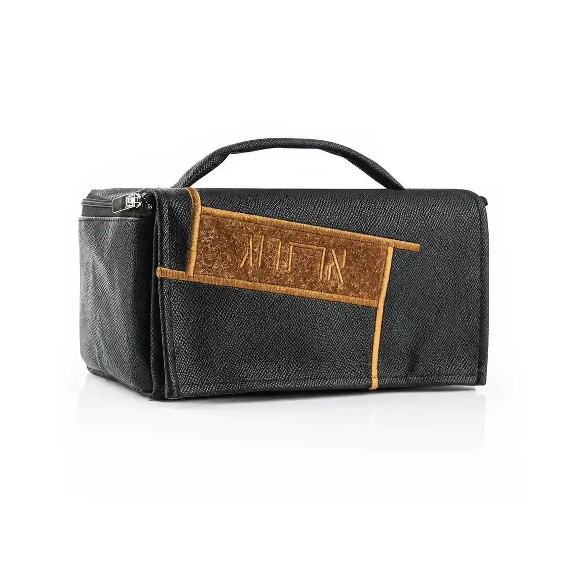 Black leather etrog bag from Waterdale Collection with tan fur panel and embossed Hebrew lettering.