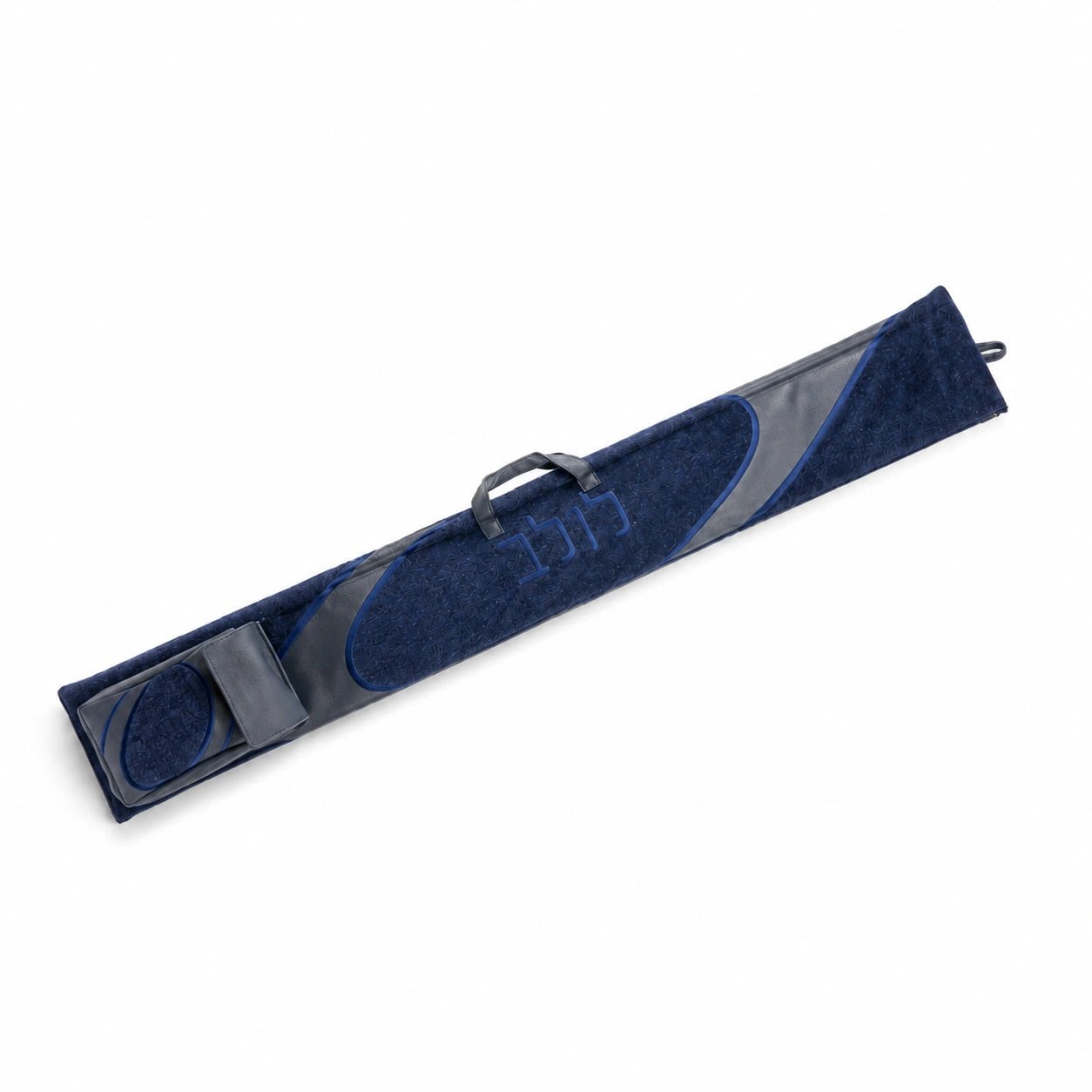 Navy fur lulav case with the esrog bag attached, a 52 inch arba minim carrier for Sukkot.