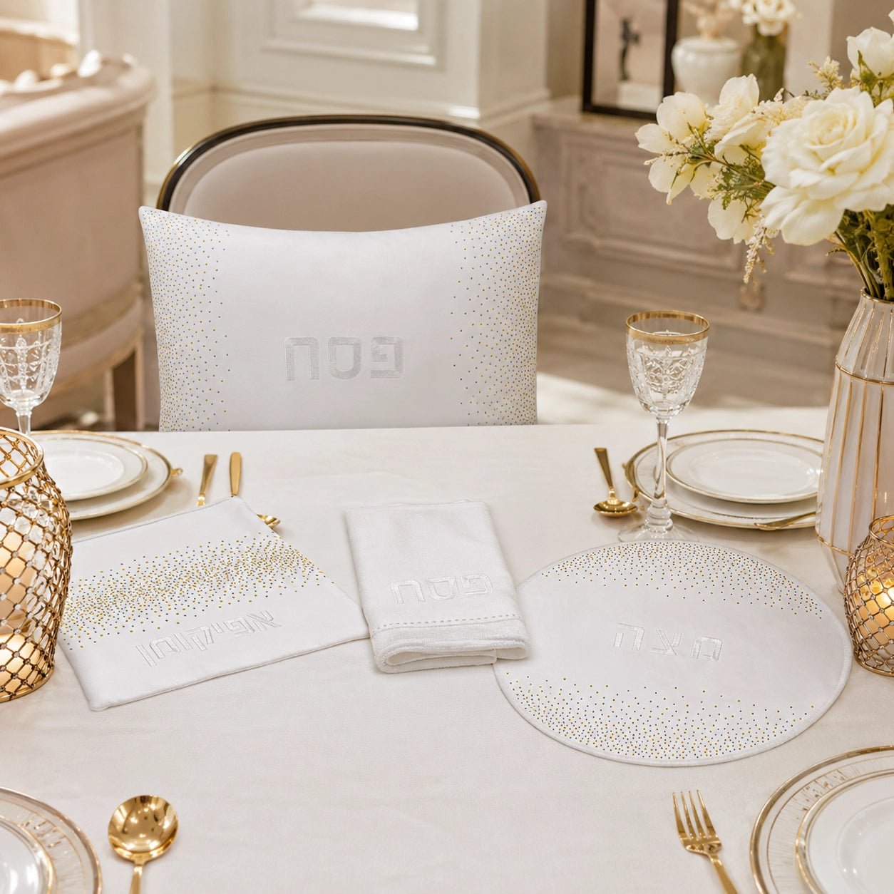 A styled dining table setting featuring a white embroidered pesah set cushion, matching white napkins, a white placemat, and gold-accented tableware in a bright, elegant room.