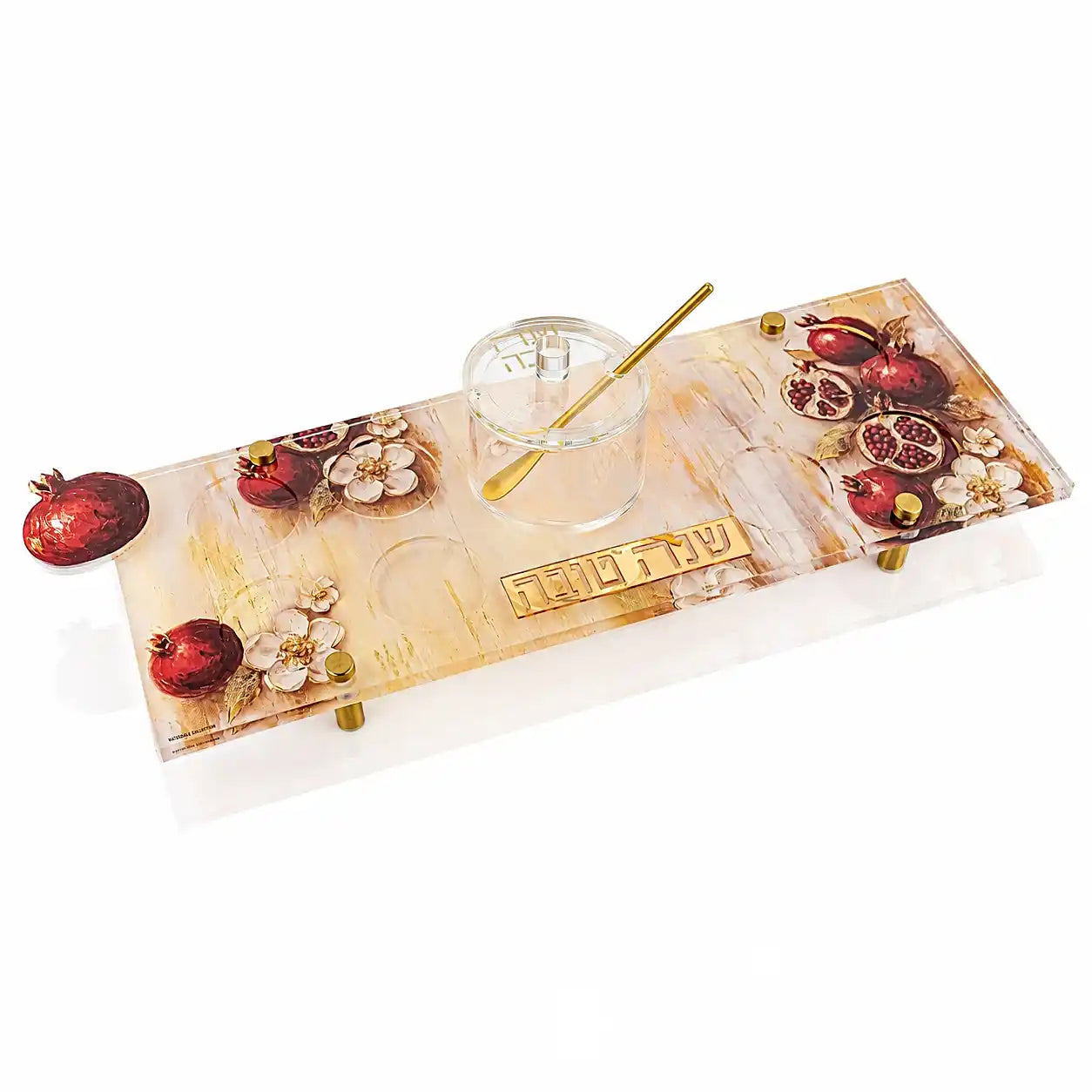 Painted pomegranates Simanim tray in Lucite with raised gold feet, from Waterdale Collection