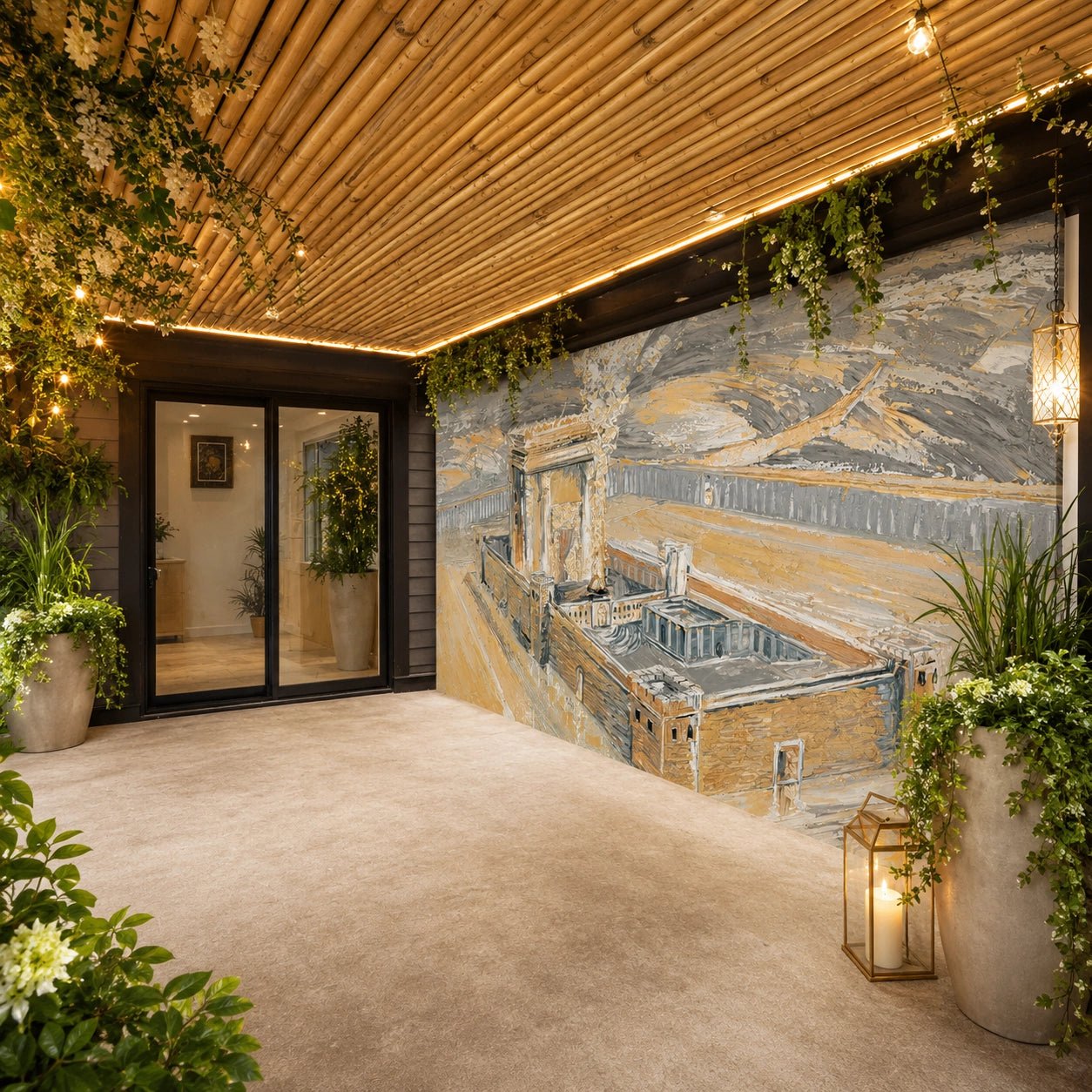 Bais Hamikdash of Gray & Gold Vinyl Sukkah Decoration Sukkah Decoration - Waterdale Collection
