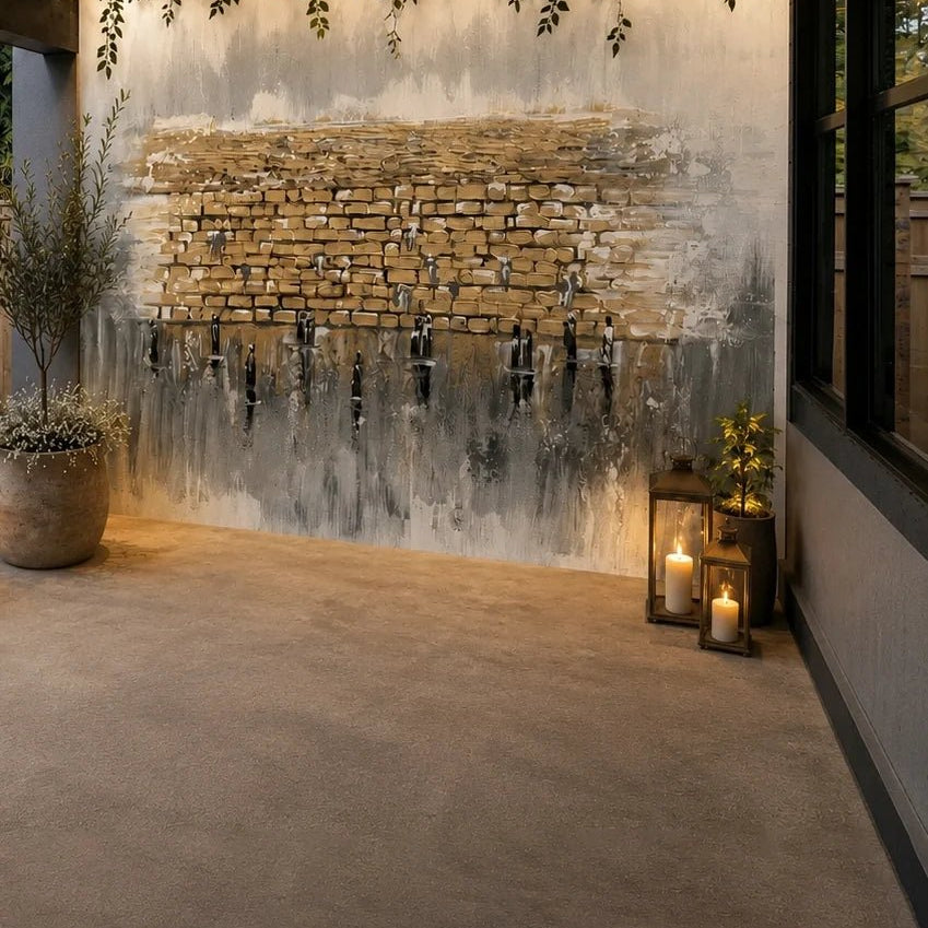 Kosel Reflected in Prayer vinyl sukkah mural on a full sukkah wall with candle lanterns and a potted olive tree
