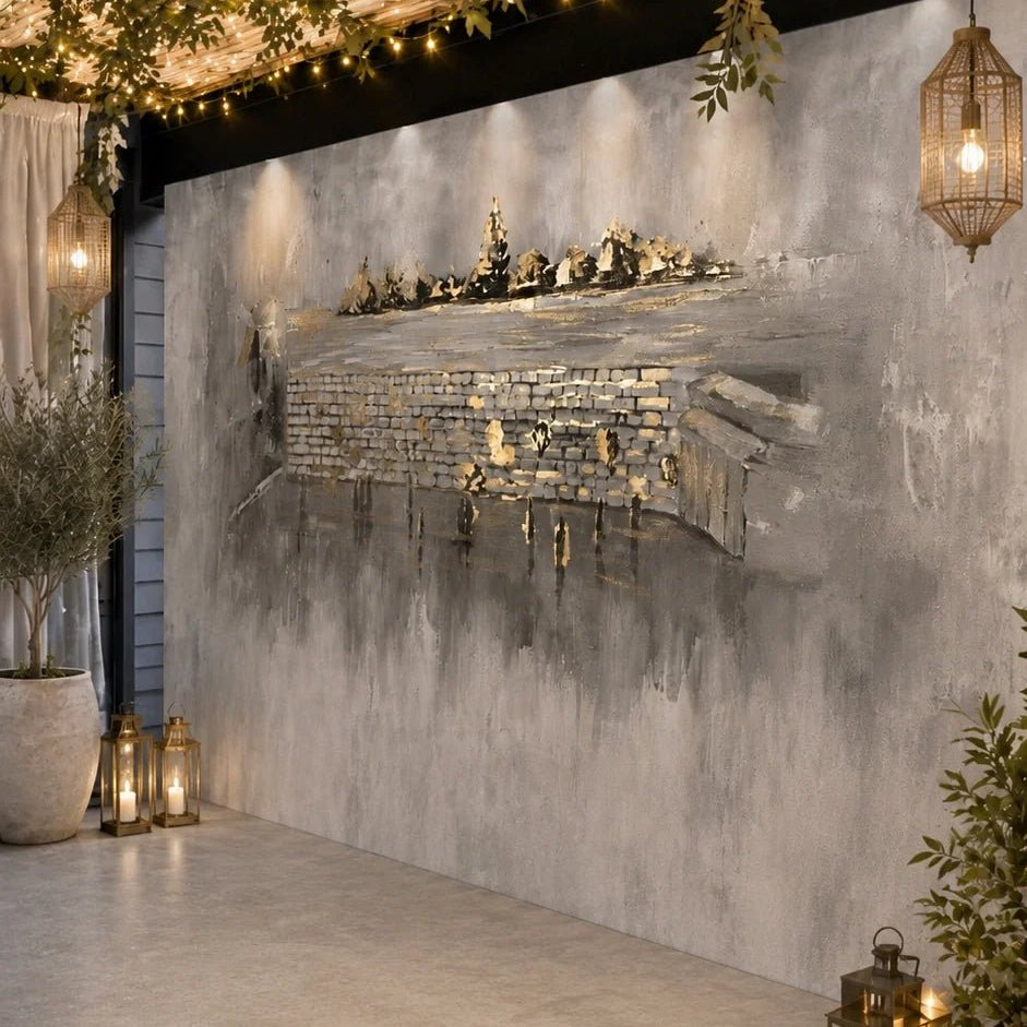 Kosel After Rain vinyl sukkah mural on a full sukkah wall lit by lanterns under a greenery-draped bamboo roof