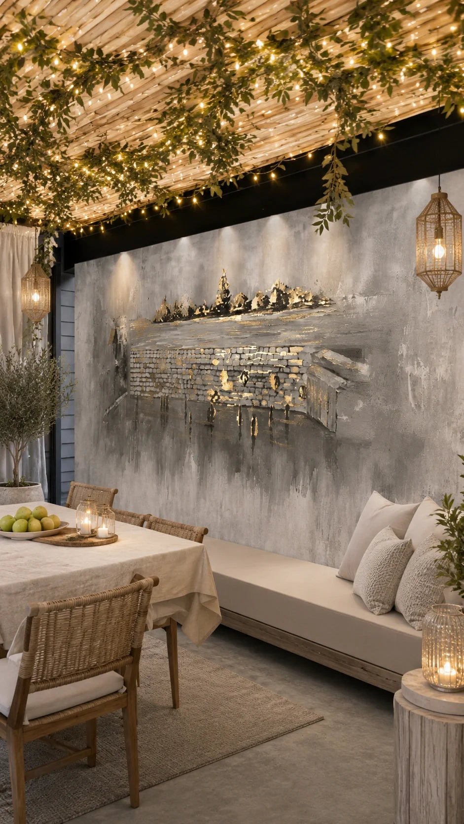 Kosel After Rain vinyl sukkah mural on a full sukkah wall above a linen daybed, lit by string lights and candle lanterns