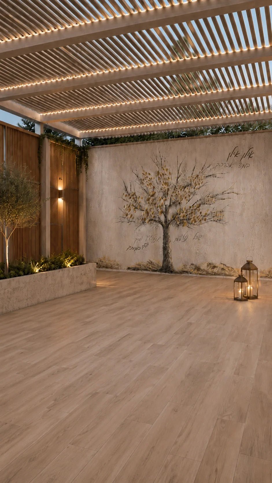 Painted by Judy Family Tree vinyl sukkah mural on a sukkah wall in a modern pergola with wood floors and a candle lantern