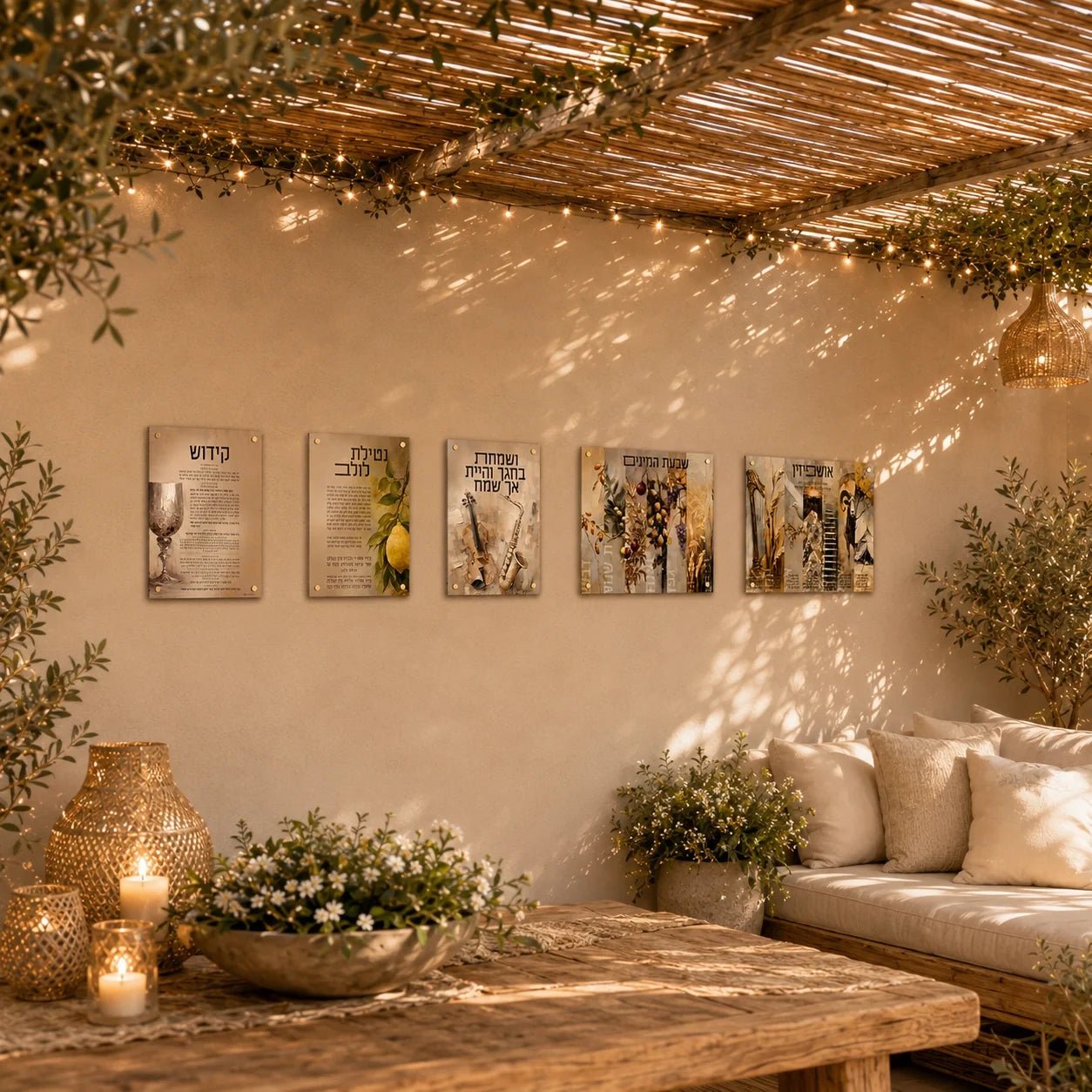 Painted by Batya sukkah decorations set of five vinyl panels hung on a sukkah wall under a string-lit bamboo roof with olive branches