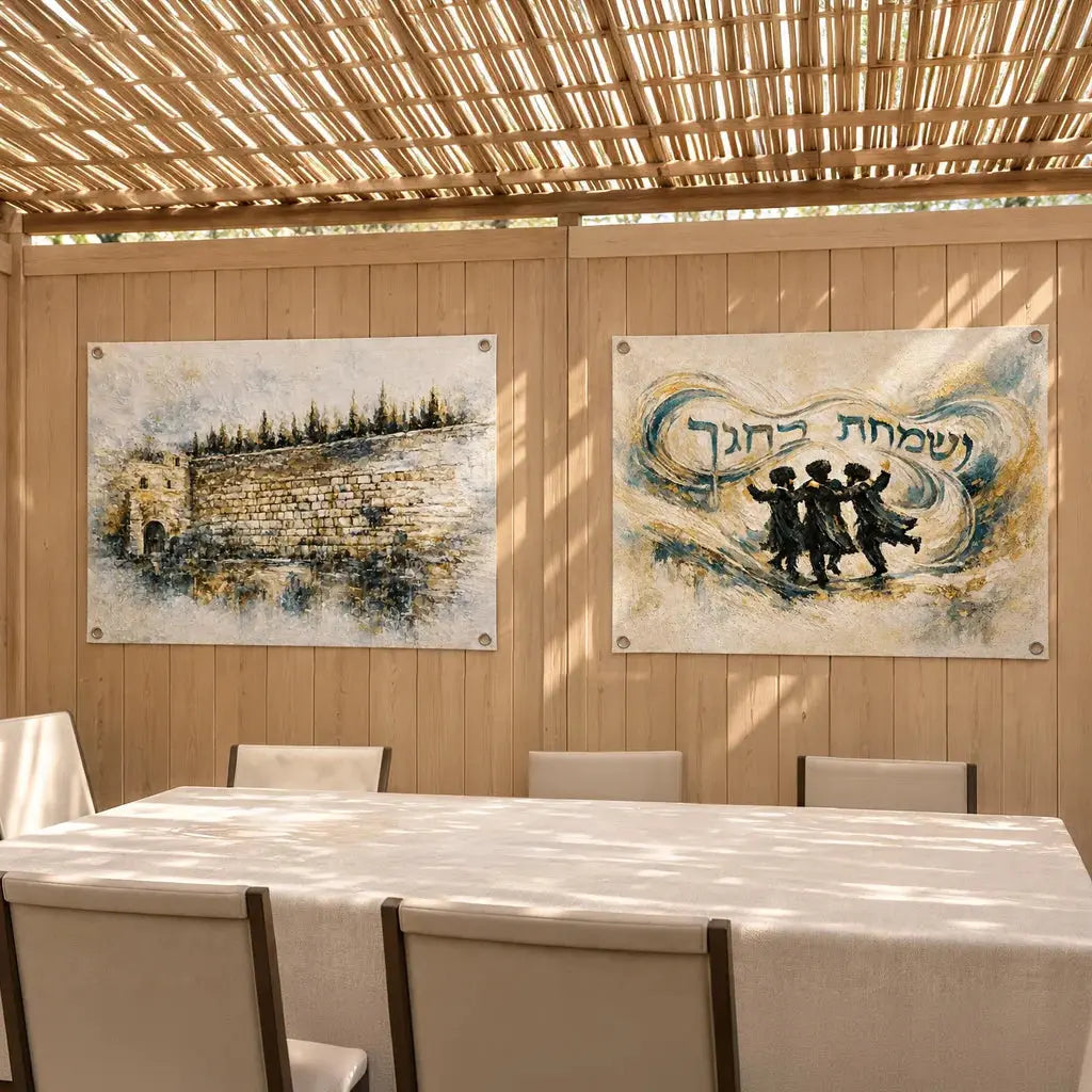 Teal Kosel Vinyl Print Sukkah Decoration and Vesamachta Bechagecha Chassidim Dancing | Sukkah Decorations for Judaica Decor