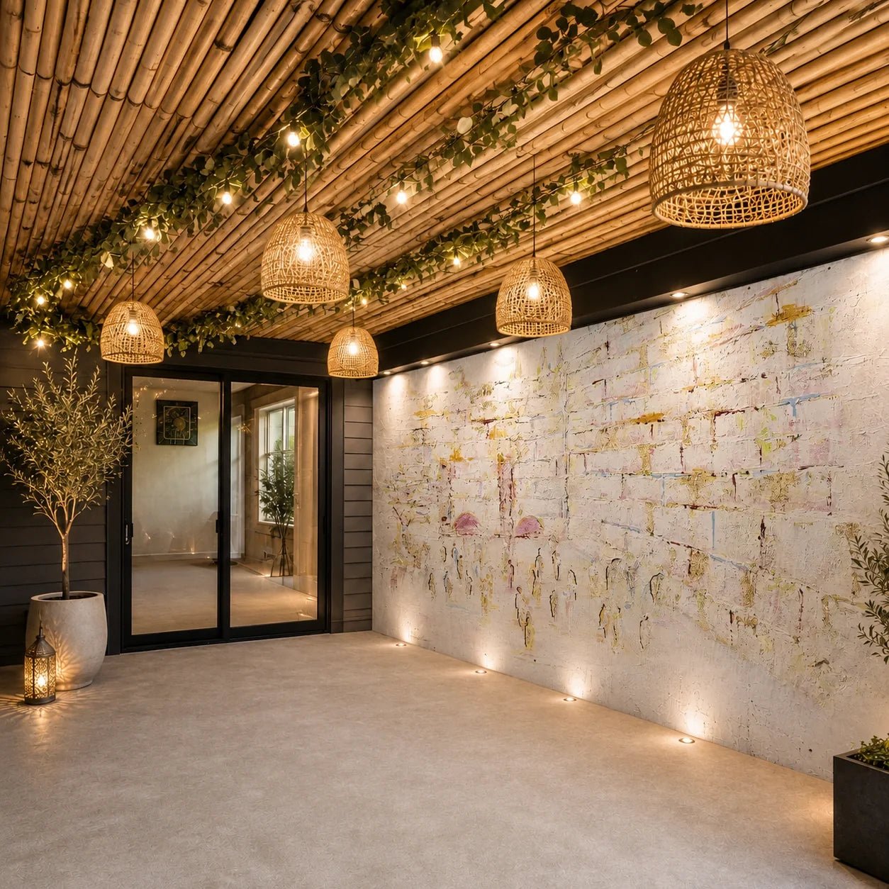 Pastel Kosel by Yosefa vinyl mural sukkah decoration covering a full sukkah wall under woven pendant lights and greenery