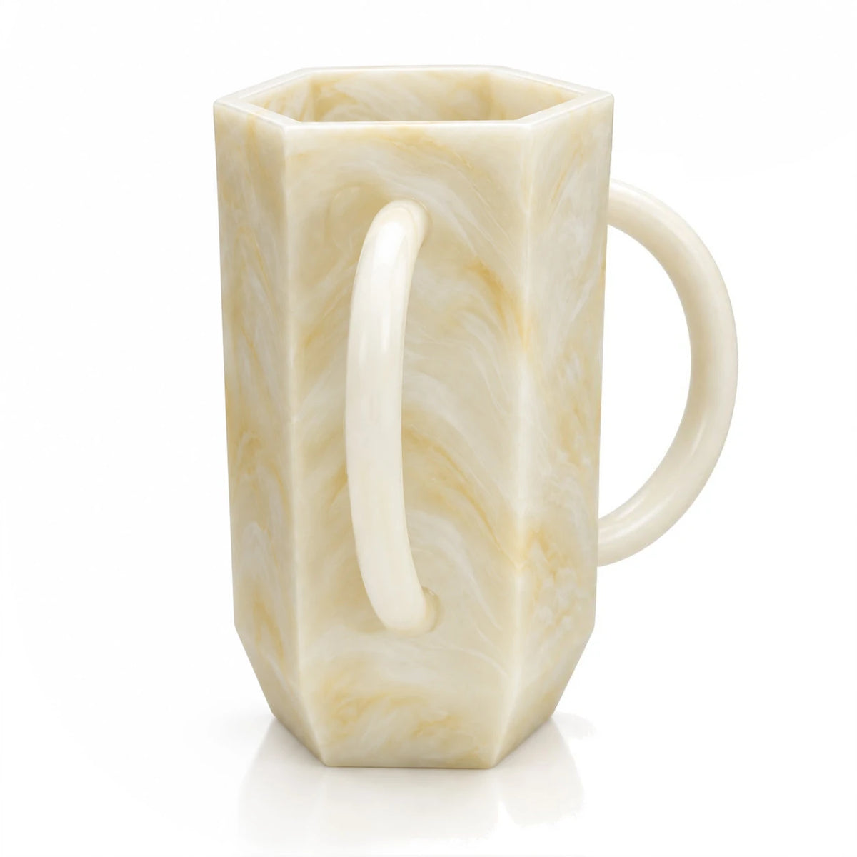 Resin Hexagon Washing Cup by Waterdale Collection in gold, a cream marbled netilas yadayim cup with a loop handle