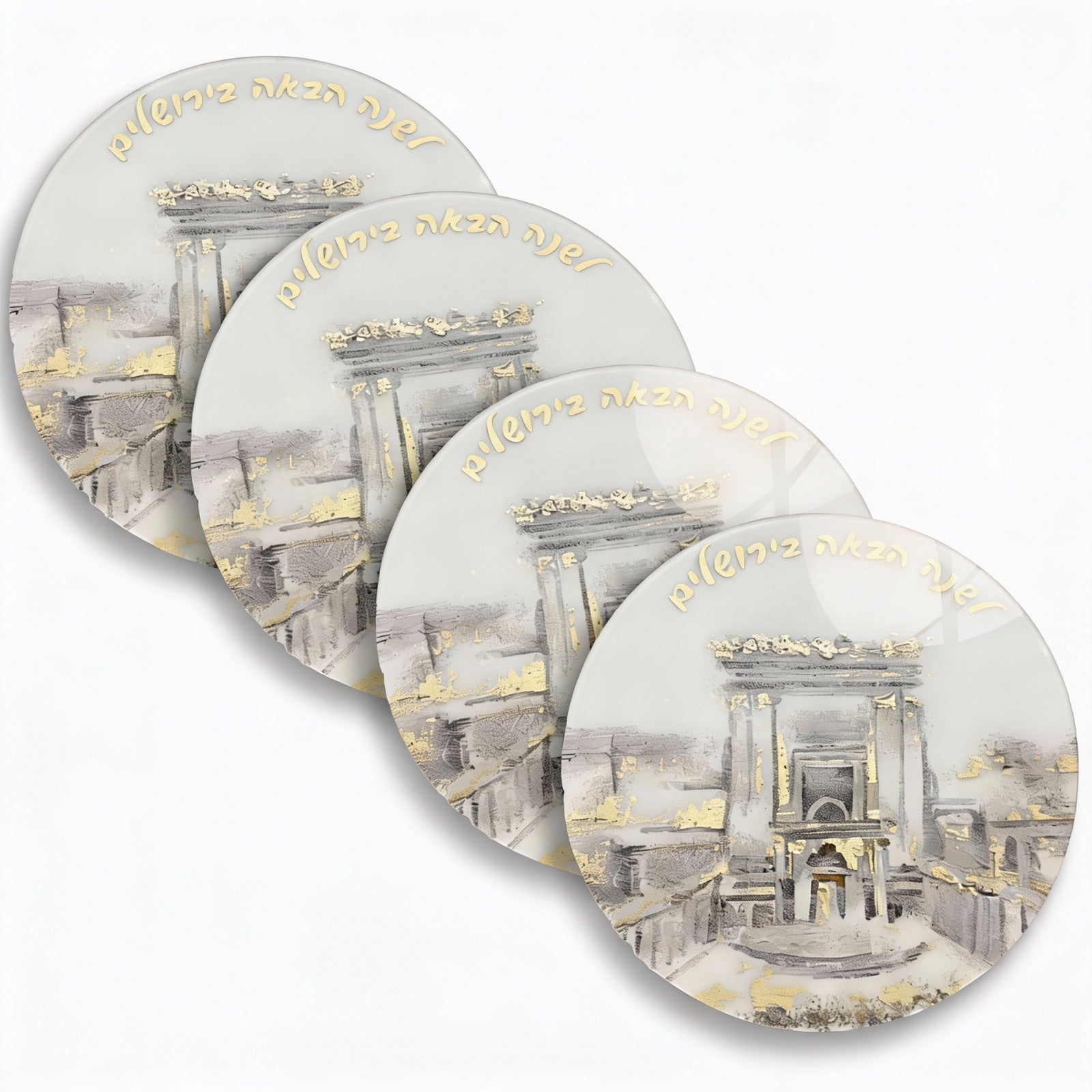 Clear lucite Bais Hamikdash chargers with gold-rimmed edges and artistic Hebrew detailing — Waterdale Collection.