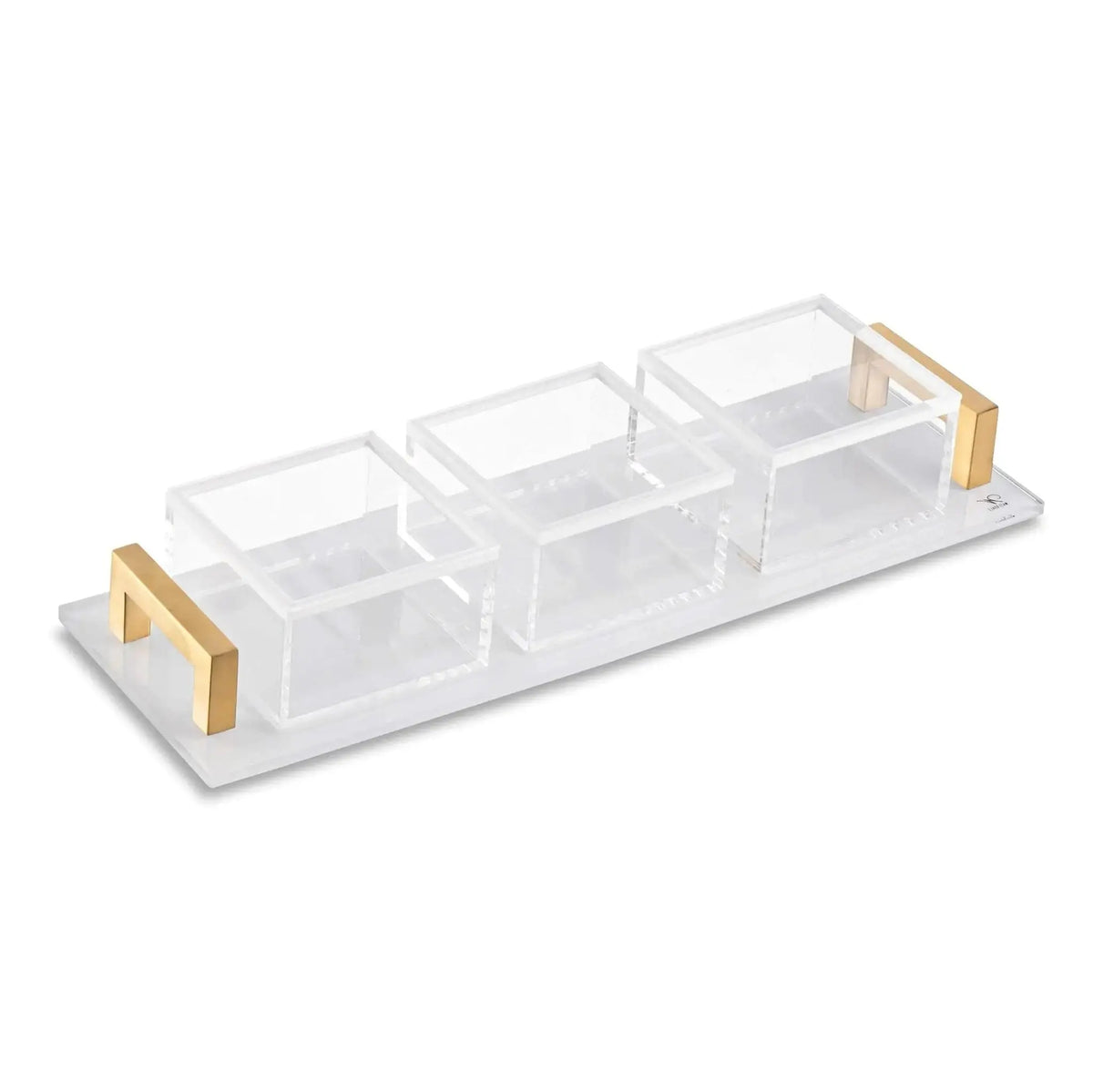 Clear acrylic dip bowl set with three compartments and gold handles, perfect for serving condiments and appetizers at gatherings.