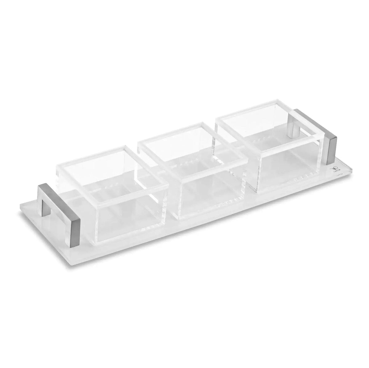 Clear acrylic classic dip bowl set with three compartments and serving tray base by Waterdale Collection
