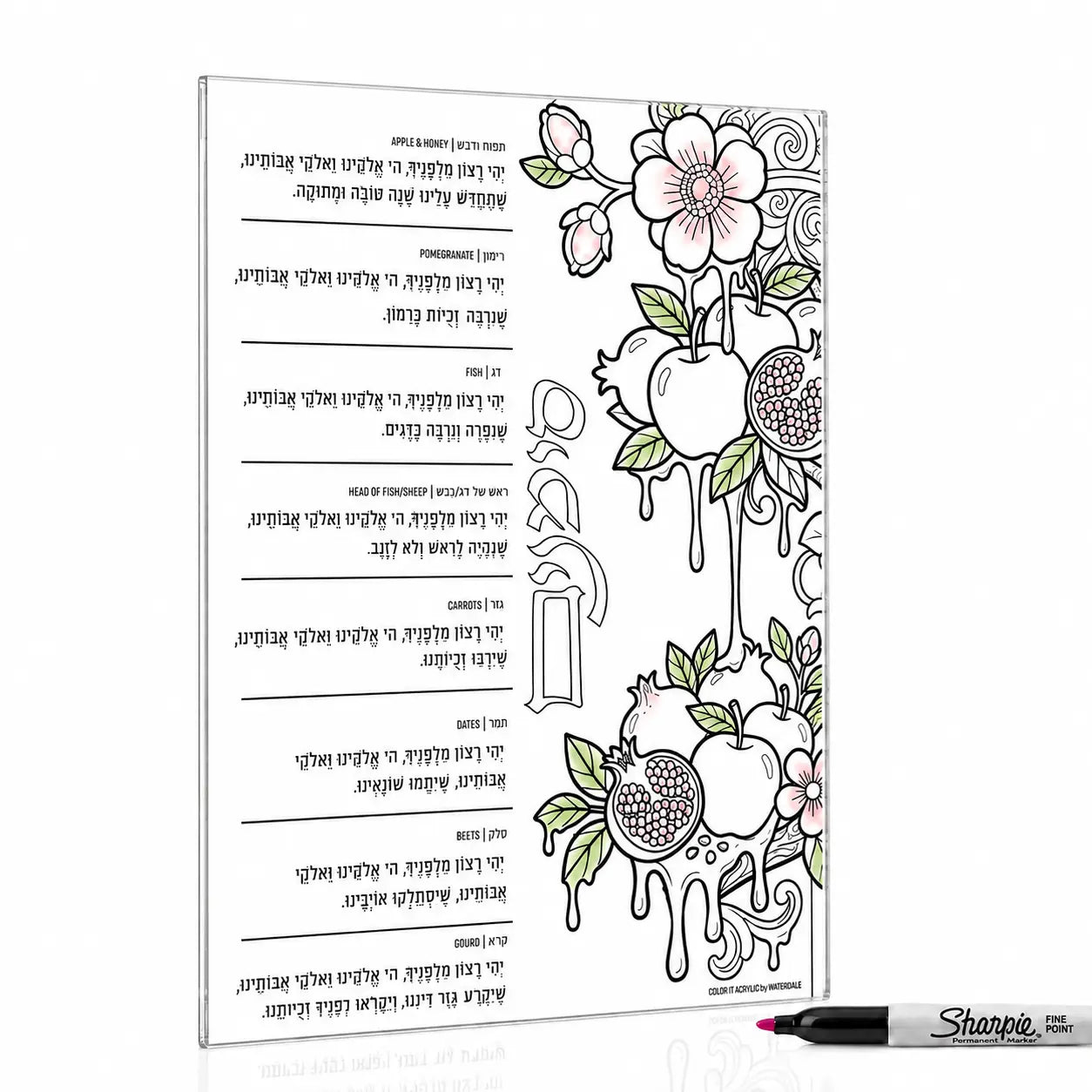 Lucite Rosh Hashana simanim coloring card by Waterdale Collection, blessings beside outlined pomegranates and apples
