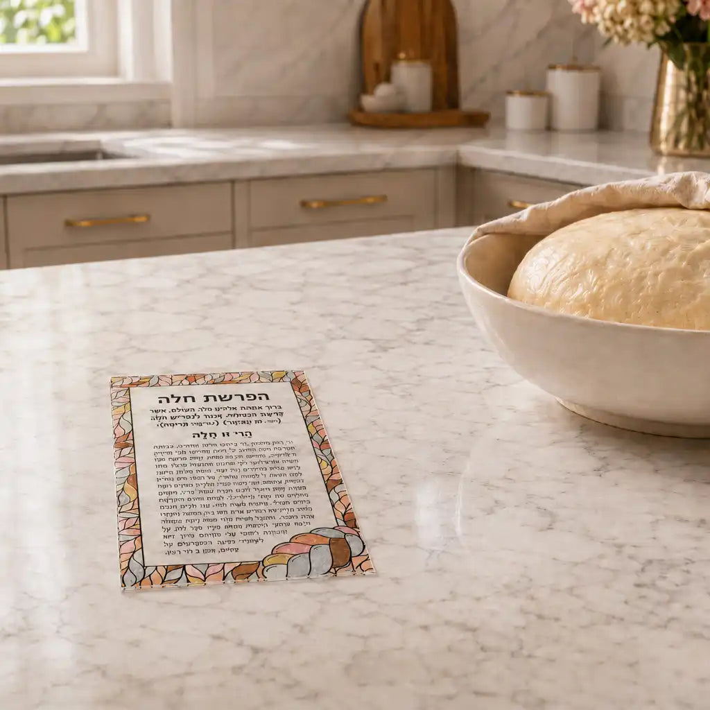 Color it Acrylic Hafrashas Challah card with challah design set on a counter with dough rising.