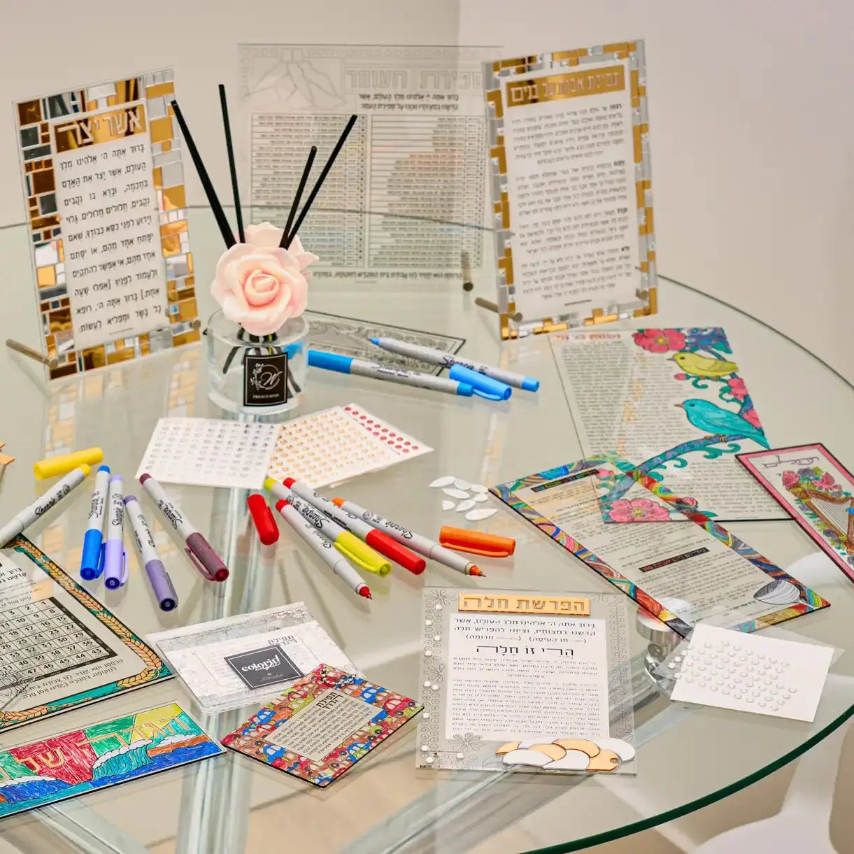 Lifestyle table of different Color it Acrylic crafts set up as a craft table.