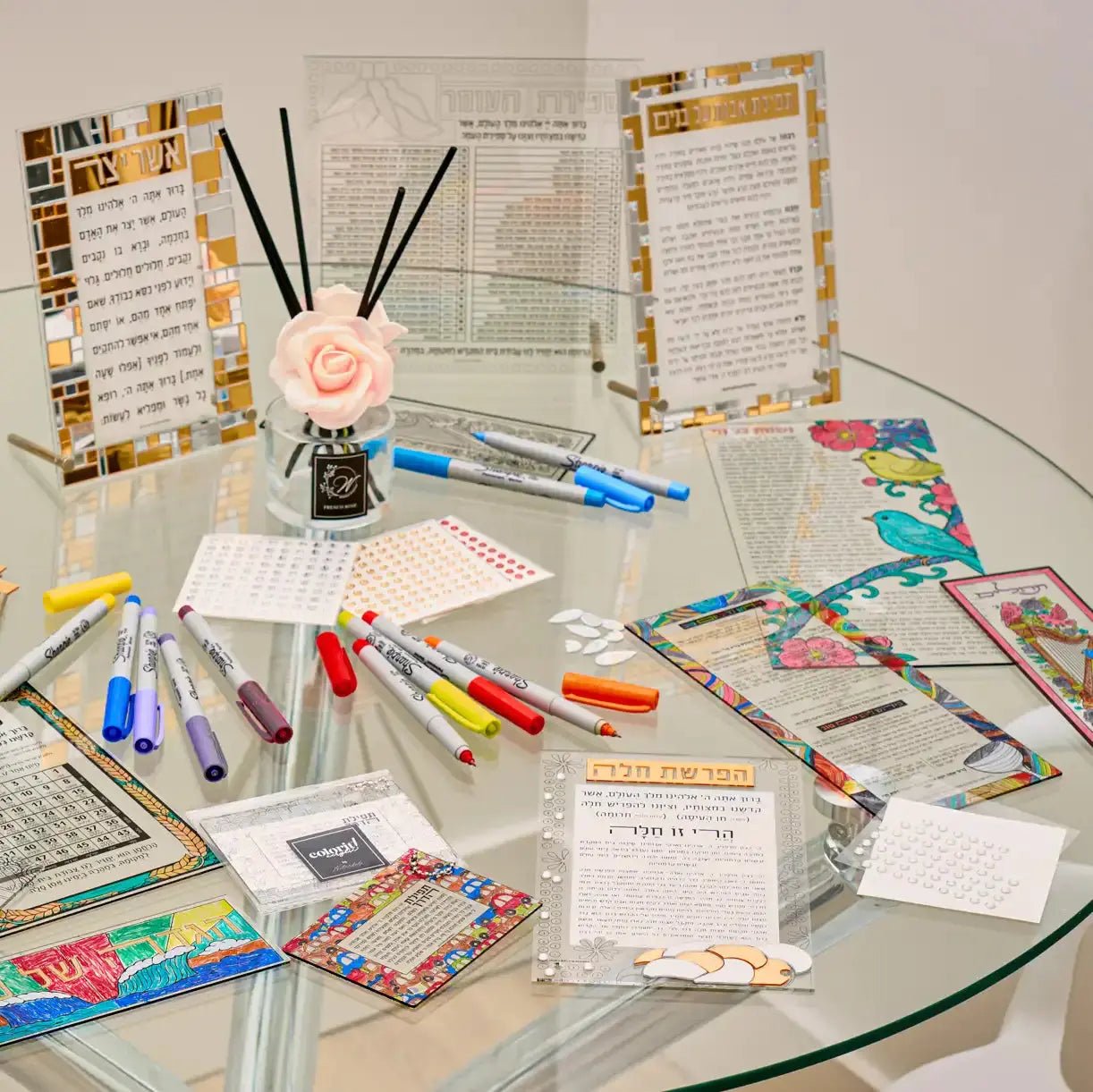 Lifestyle table of different Color it Acrylic crafts set up as a craft table.