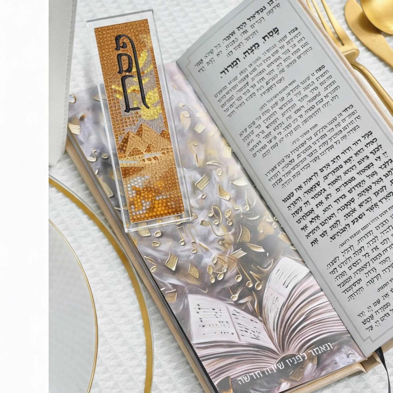 Diamond art Pesach bookmark with sparkling gem mosaic design placed inside an open Haggadah book.