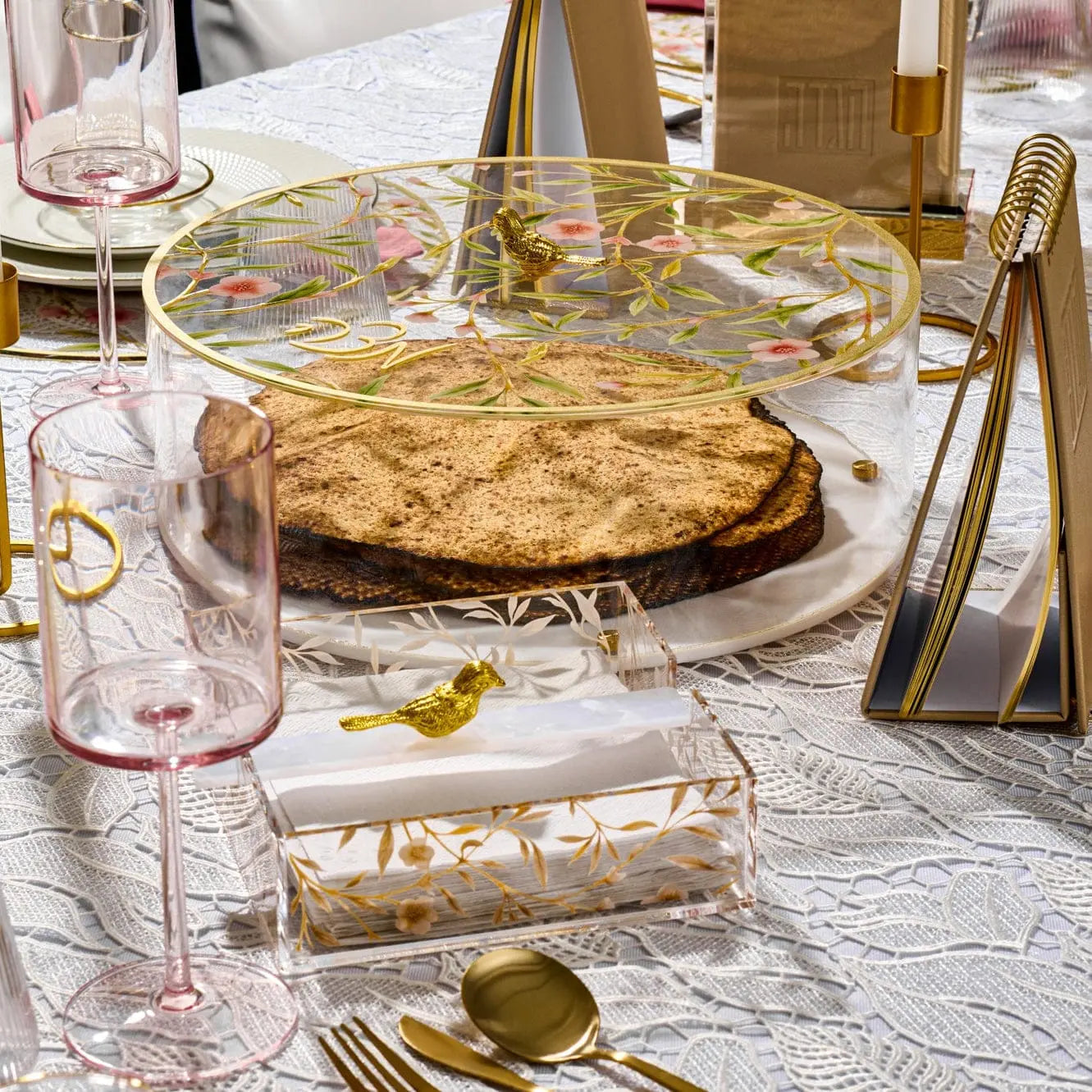 Floral Bird Seder Plate & Matzah Box Set - Waterdale Collection