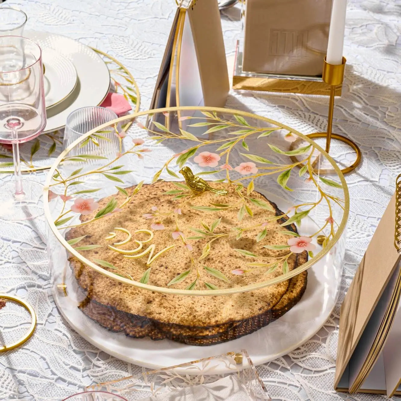Floral Bird Seder Plate & Matzah Box Set - Waterdale Collection