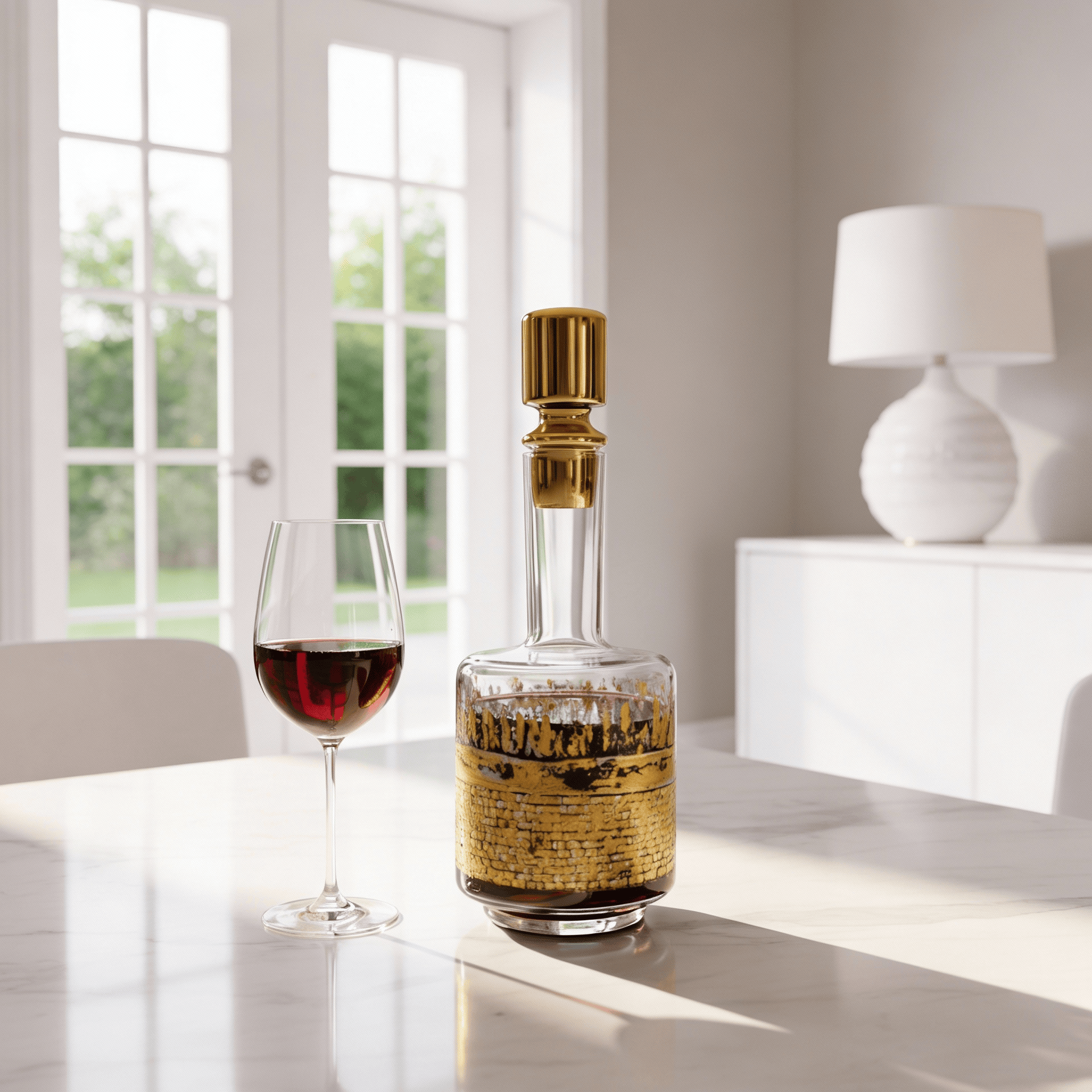 Painted Yosefa Hadlakas Neiros glass oil bottle with gold accents displayed on a table beside a wine glass.