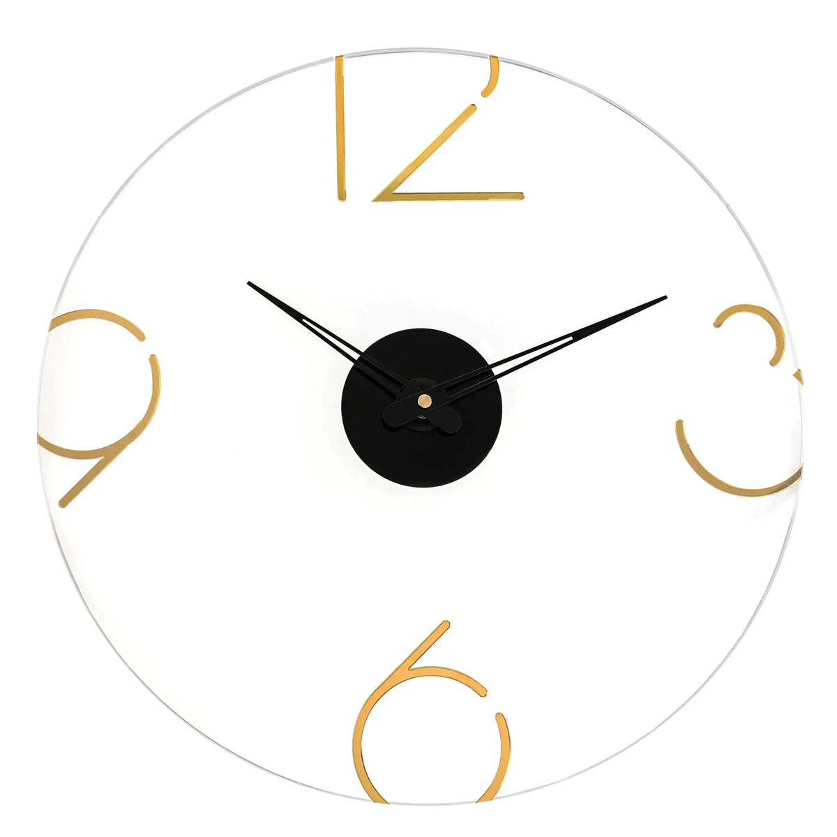 Gold Number Clock with black hands and gold metal numerals on white face, modern minimalist wall art design