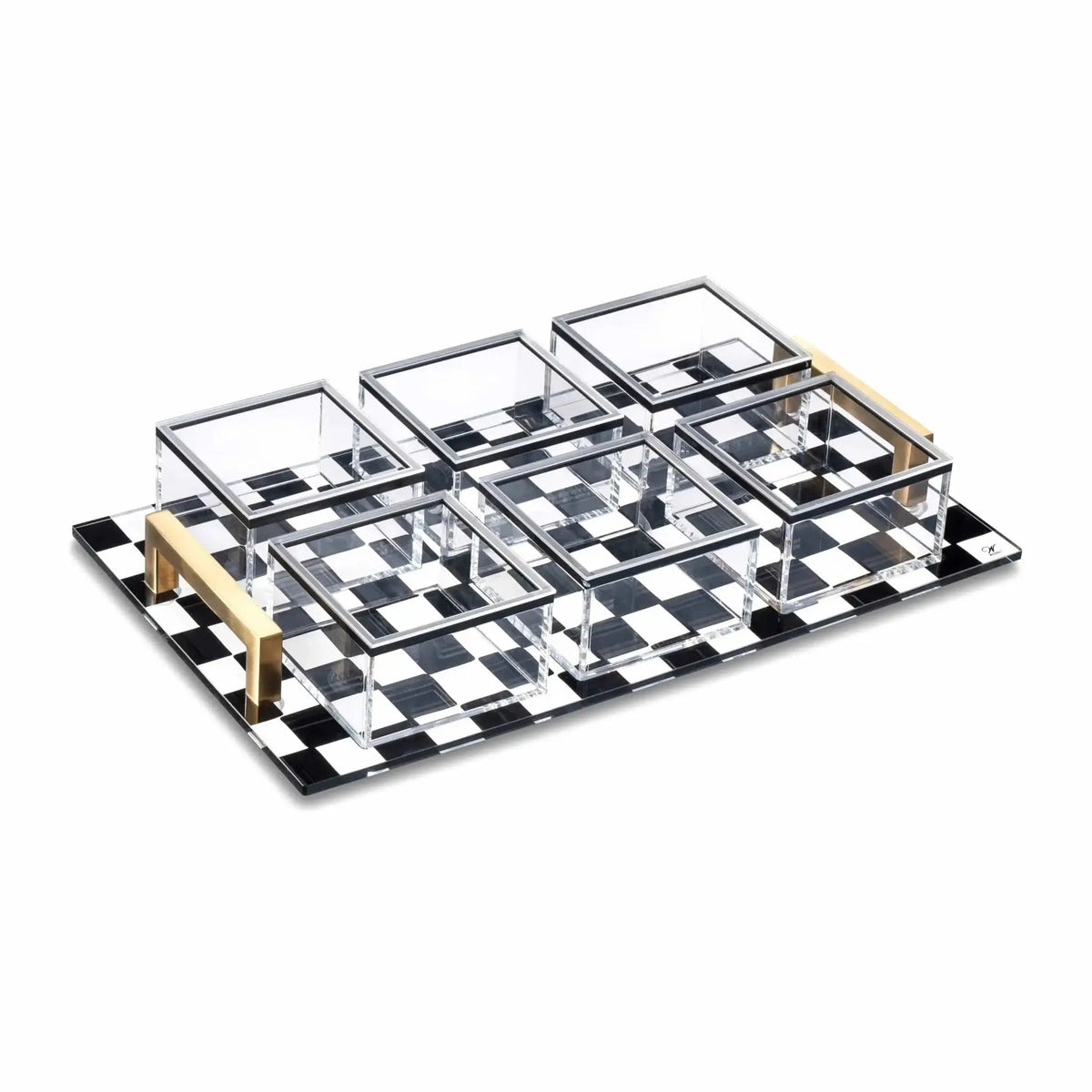 Onyx 6 sectional dip bowl set with black and white checkered pattern serveware tray and individual serving bowls.