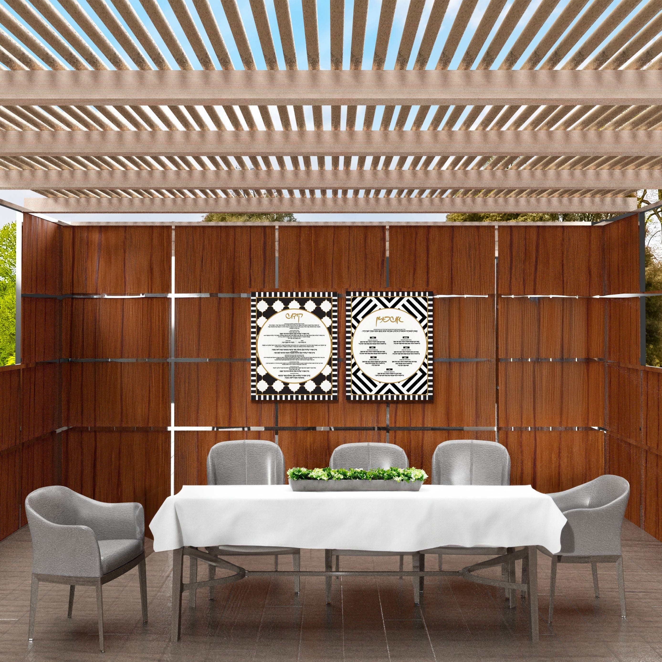 Modern wooden sukkah with 2 Piece Onyx Sukkah Decoration Set, a dining table with white tablecloth, and gray chairs.