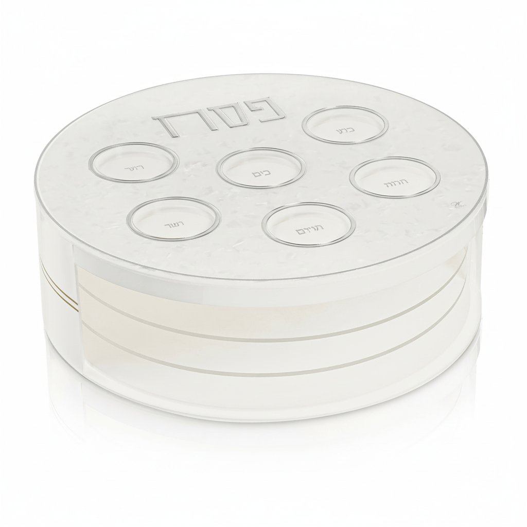 Modern square Pesach Seder plate with tiered lucite Matzah storage and silver Hebrew engraving on a marble-effect top — Waterdale Collection.