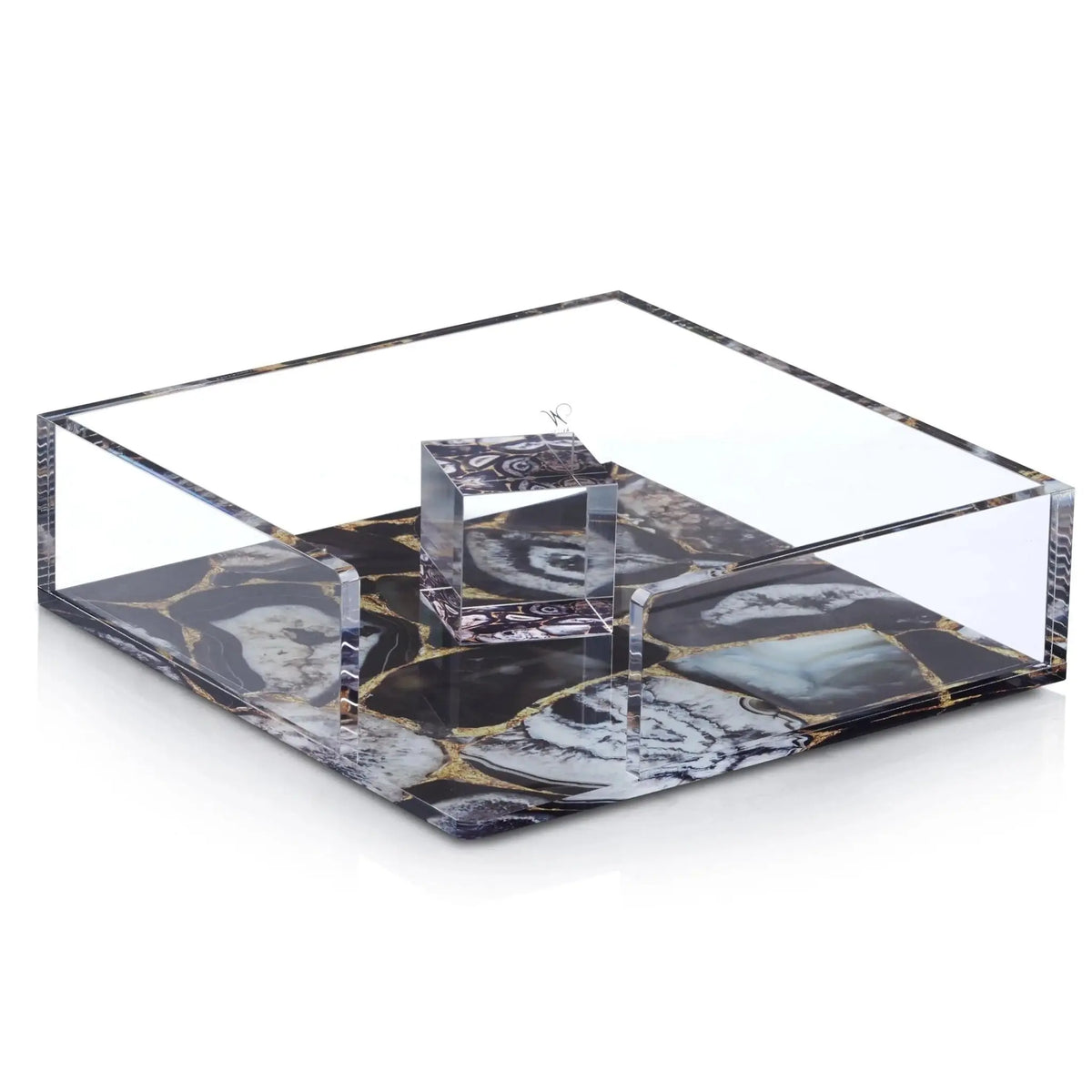 Clear acrylic agate napkin holder with natural stone interior, featuring metallic accents and modern geometric design for table styling.