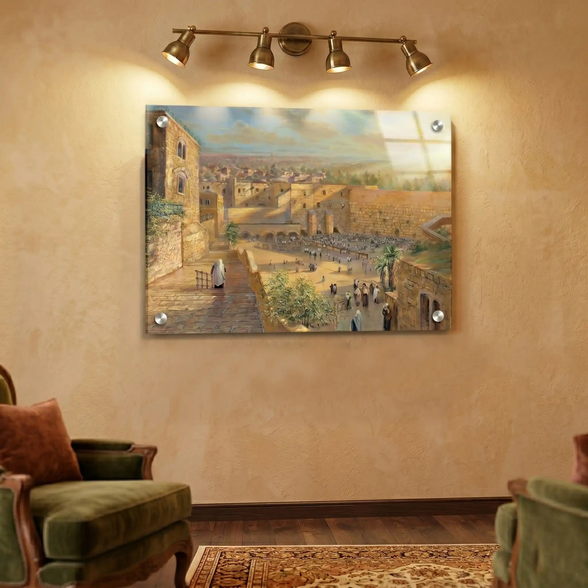 Bright vivid painting of sunrise over the kosel plaza painted by artist Alex Levin