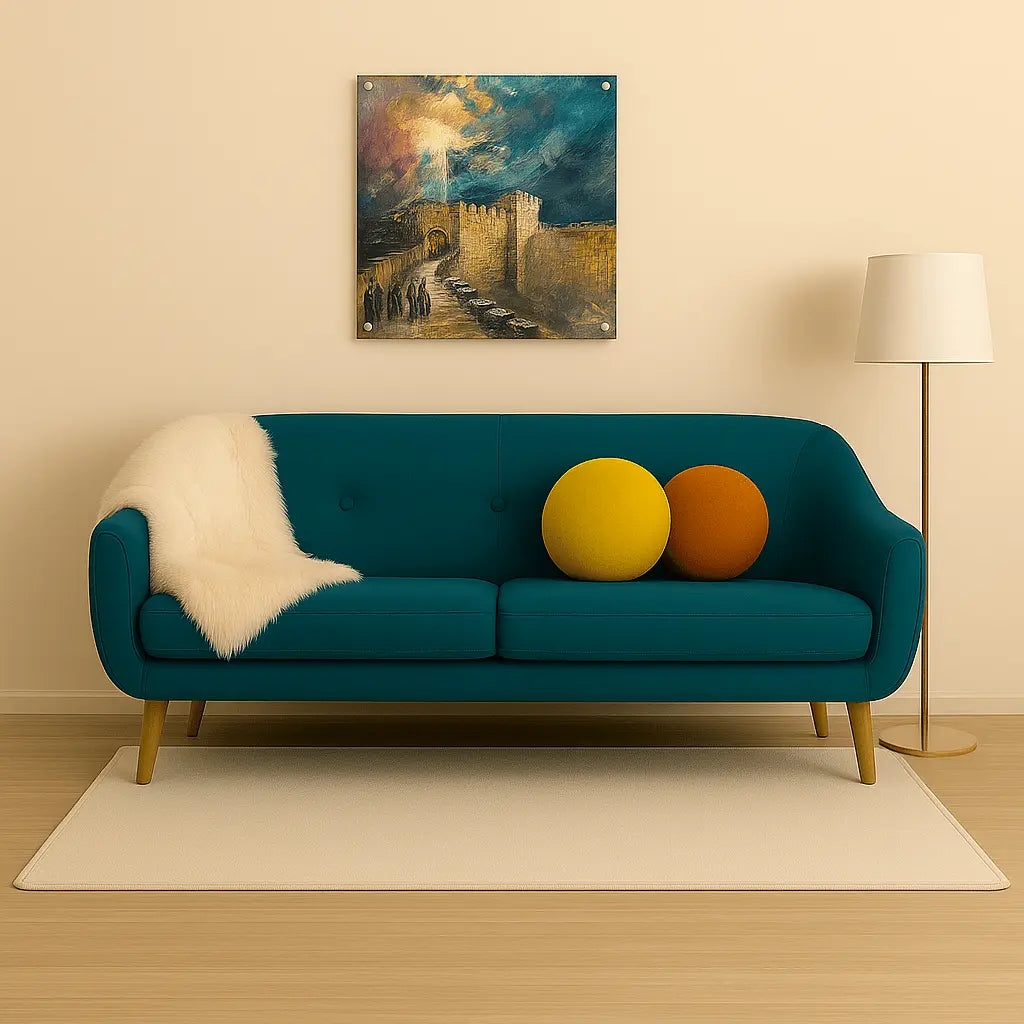 Modern Aliya L'regel painting by Batya on clear lucite hang up on the living room wall | Waterdale Collection