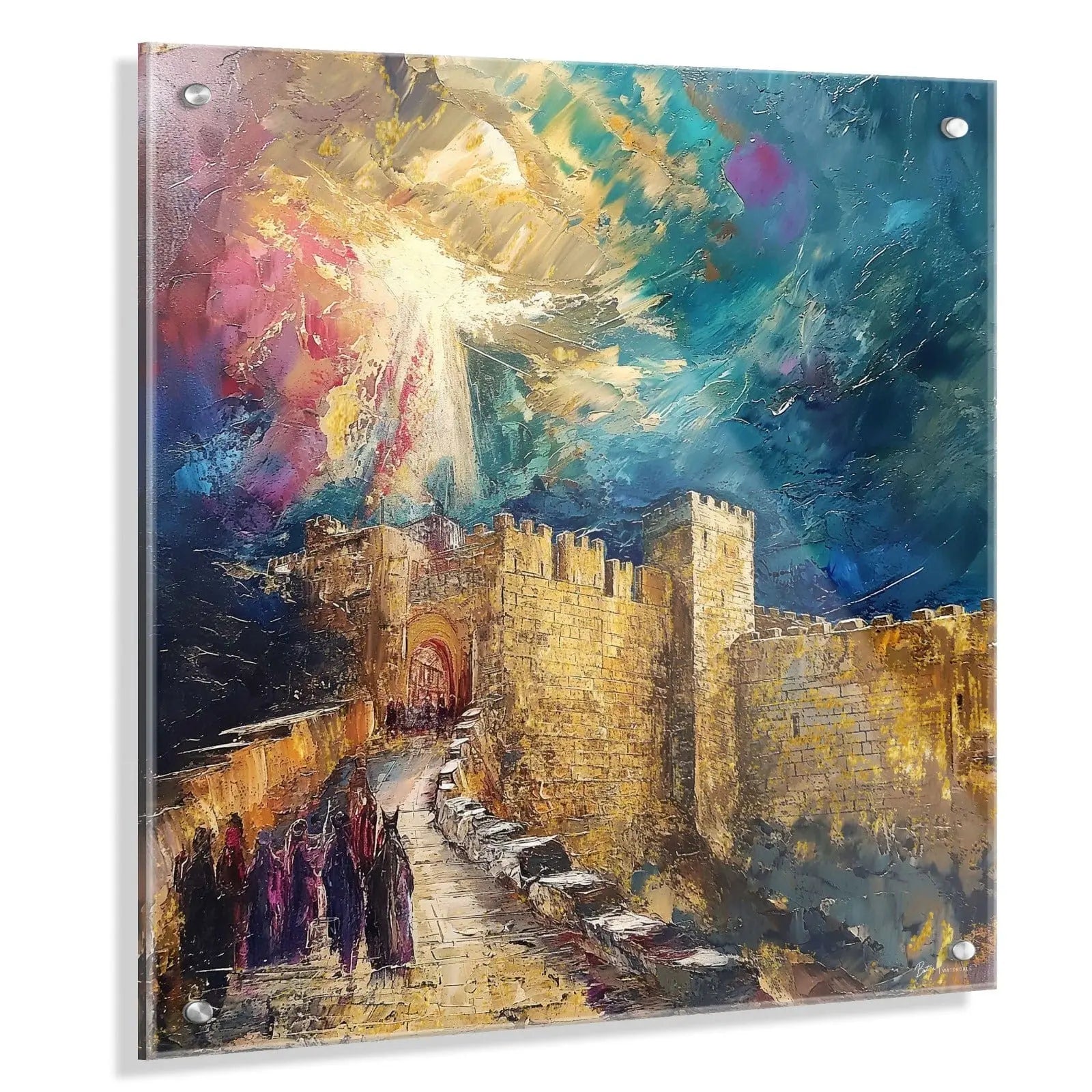 Modern Aliya L'regel painting by Batya on clear lucite, featuring a dramatic abstract depiction of the pilgrimage to Jerusalem with vibrant blues and metallic gold accents.