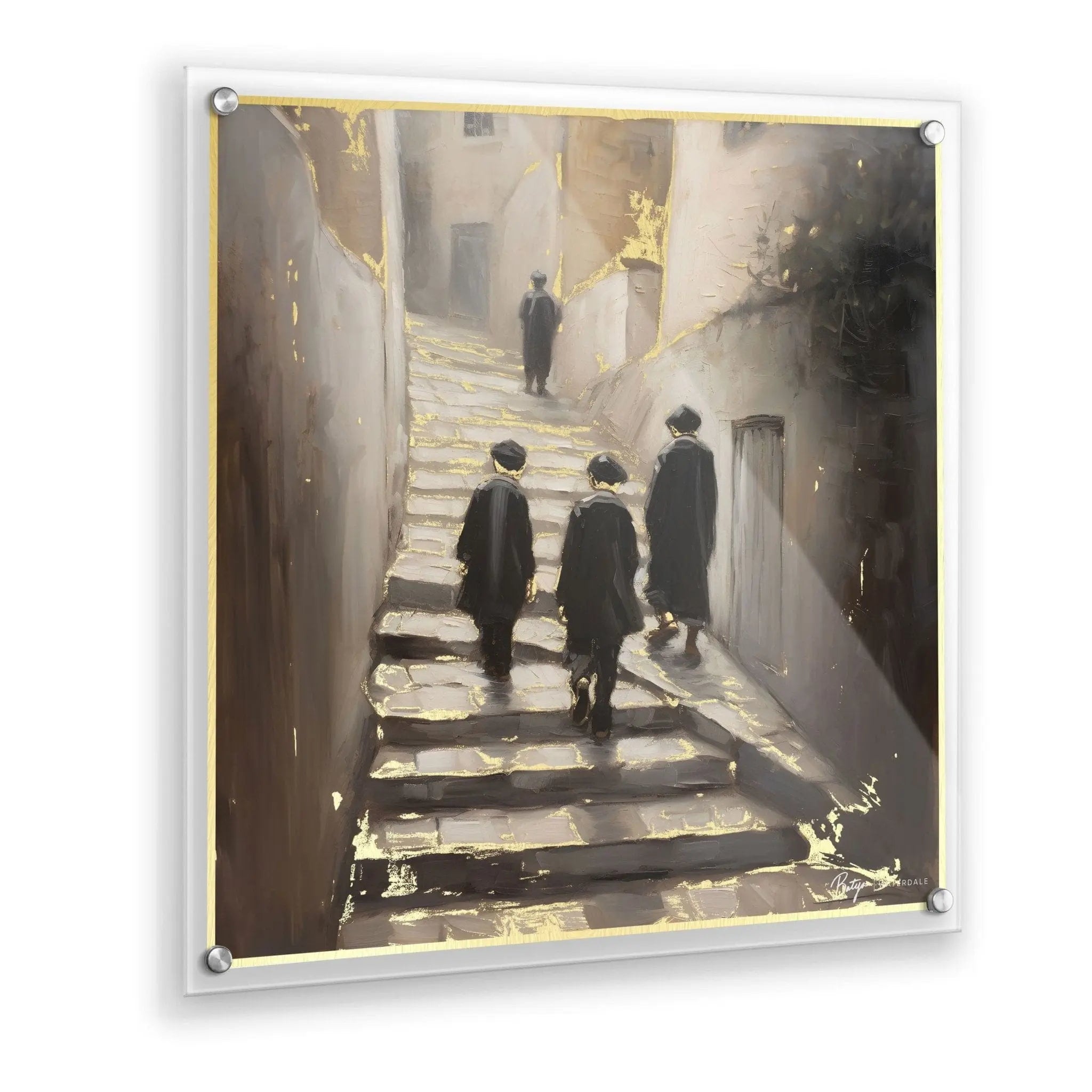 Modern "Alleyways" painting by Batya on clear lucite, featuring a vibrant abstract depiction of Old City Jerusalem streets with gold metallic accents.- Waterdale Collection