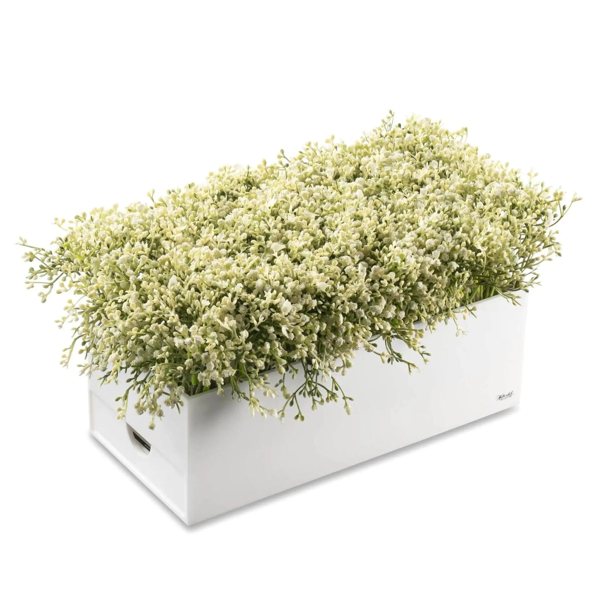 White rectangular planter filled with lush faux baby's breath flowers, ideal for tabletop floral arrangements and event décor.