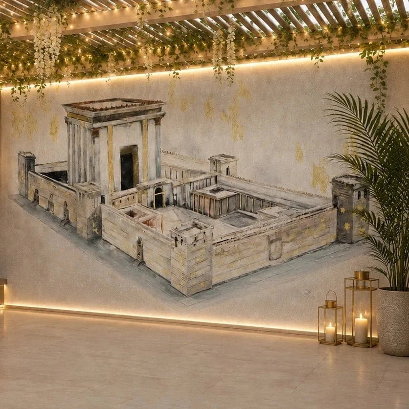 Bais Hamikdash by Judy vinyl sukkah mural on a full sukkah wall under a pergola draped with greenery and warm string lights