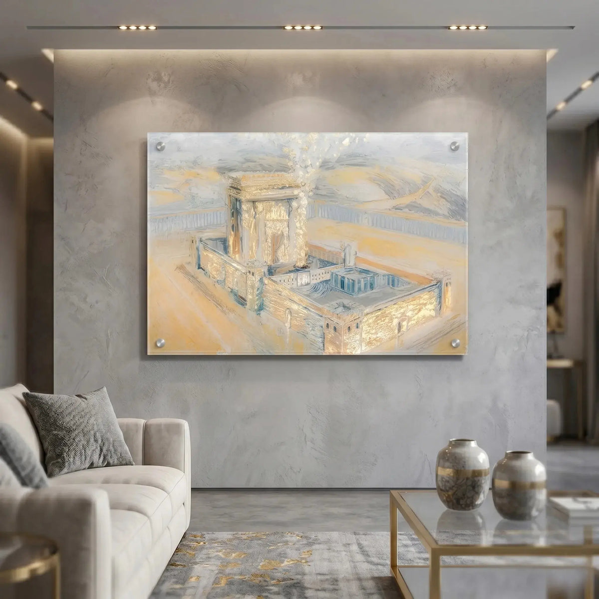 Floating lucite Beis Hamikdash judaica wall art in gray and gold.