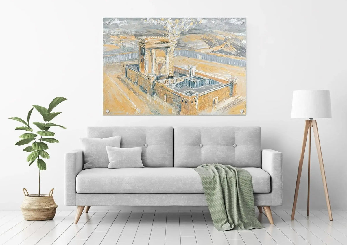 Bais Hamikdash of Gray & Gold Painting displayed above a gray sofa, featuring detailed architectural Jerusalem art in warm and cool tones.