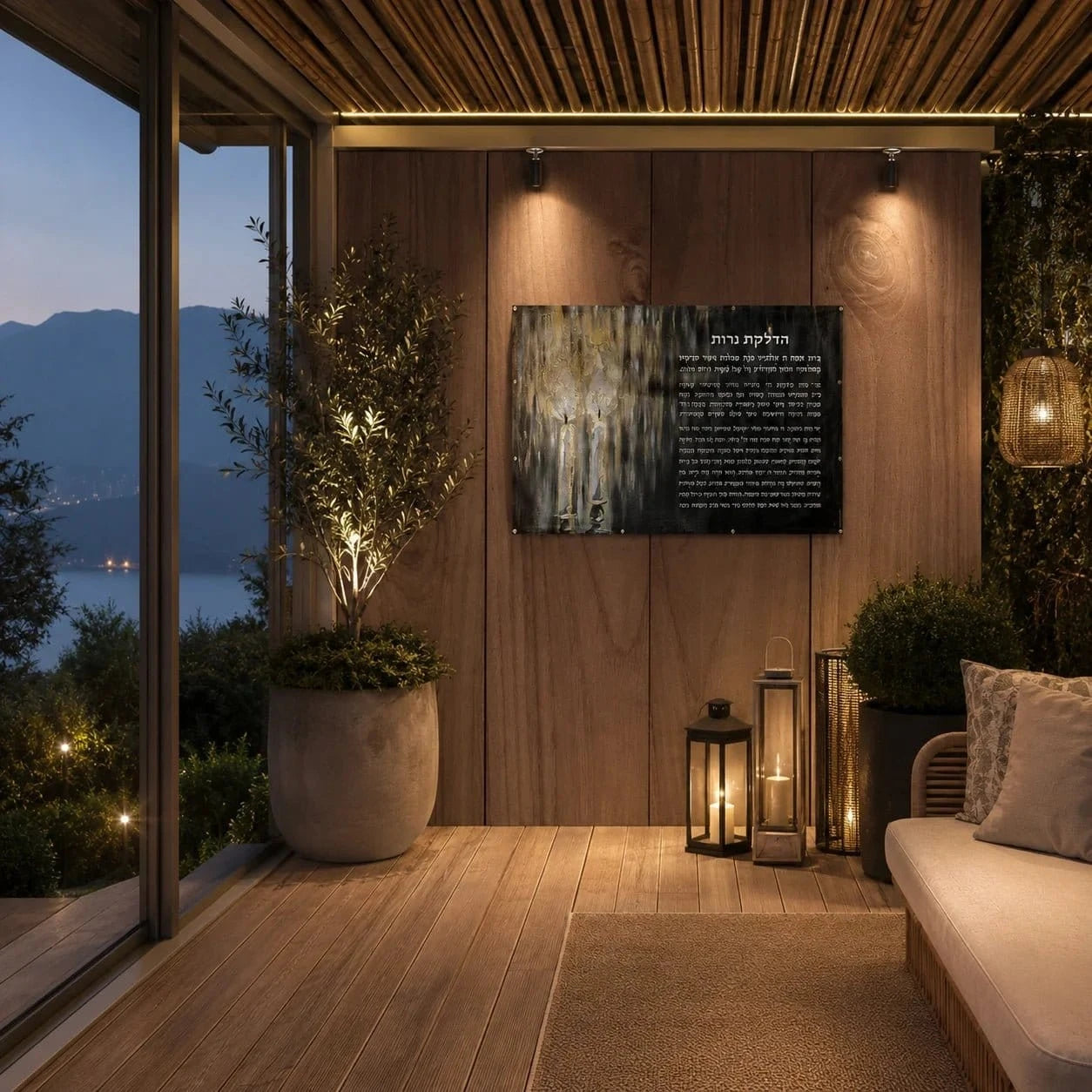 Black Hadlokas Neiros vinyl sukkah decoration on a wood sukkah wall at dusk, with lanterns, an olive tree and a mountain view