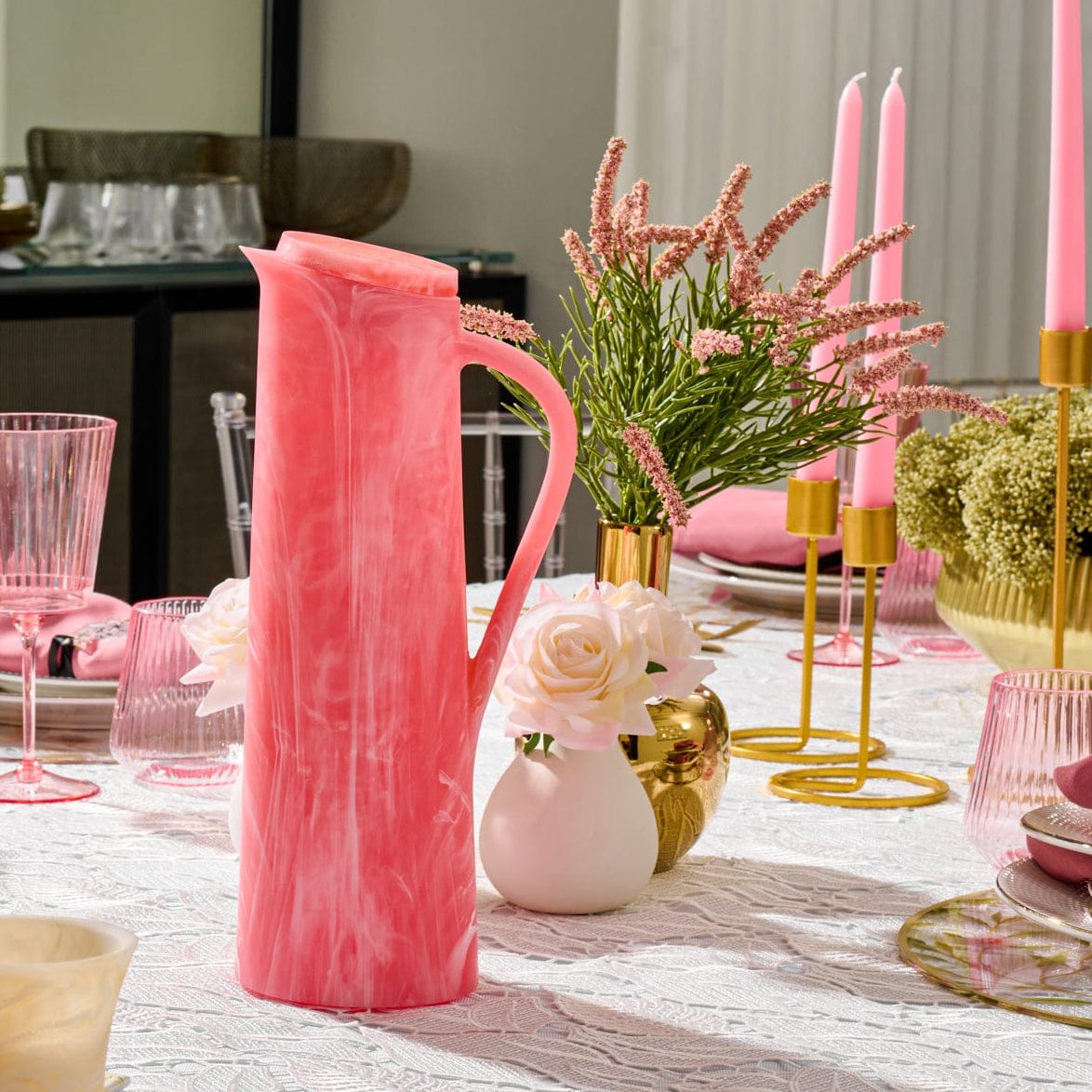 Sophisticated Blush Faux Floral Gold Vase by Waterdale Collection, luxury hostess or housewarming gift featuring a permanent romantic flower arrangement and designer metallic finish.