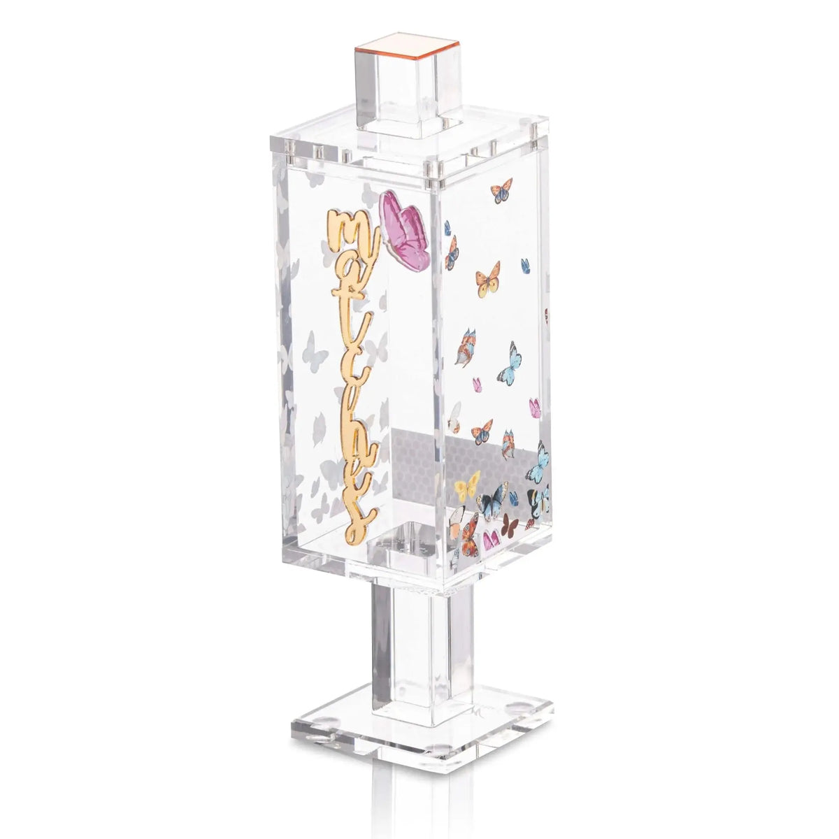 Clear glass butterfly match holder with decorative floral and butterfly designs, featuring a rectangular shape with square base for storing matches.
